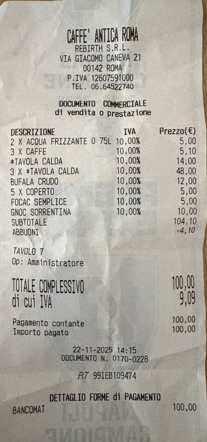 Caffè Antica Roma меню