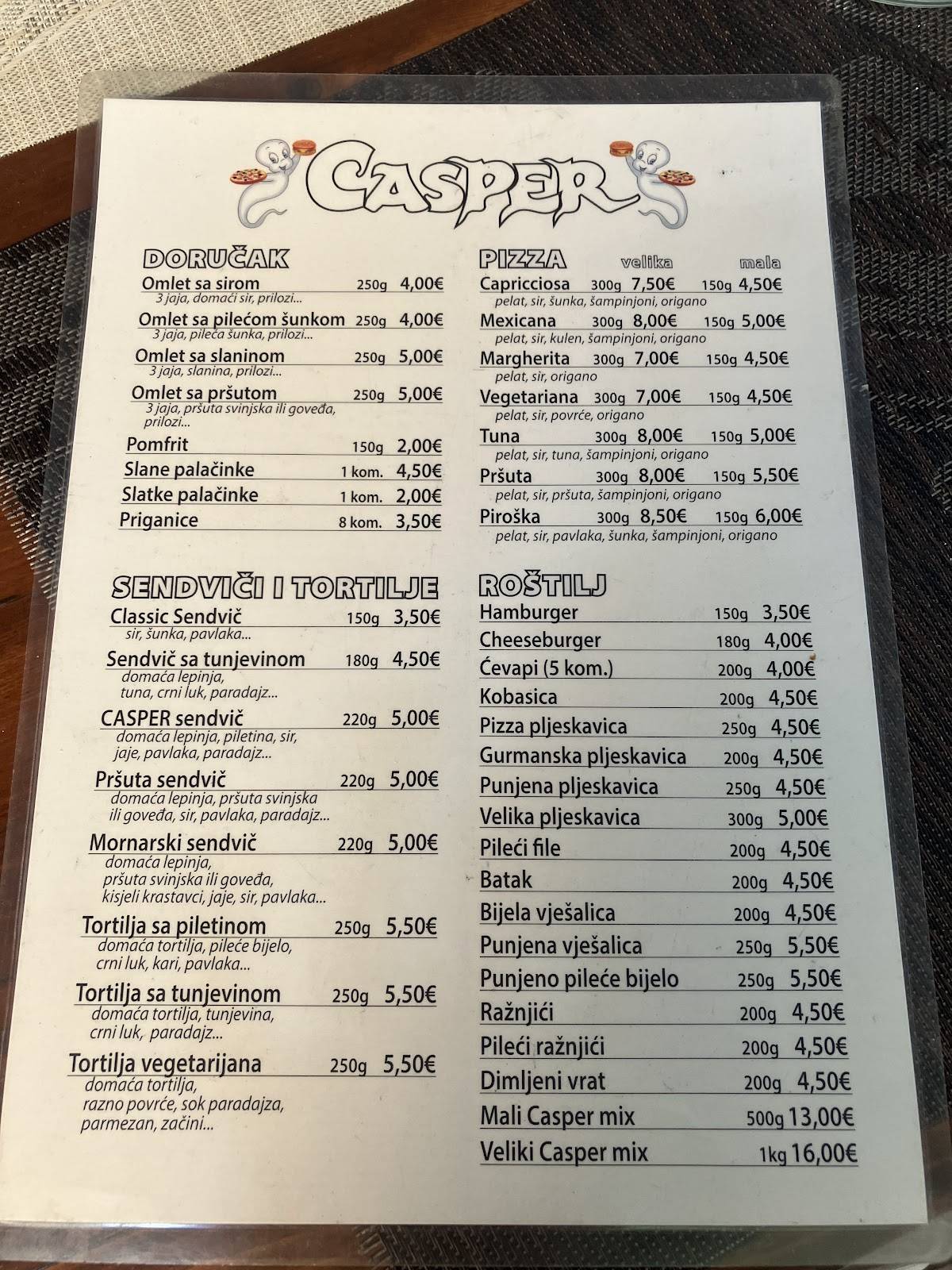 Casper fast food-Bar меню