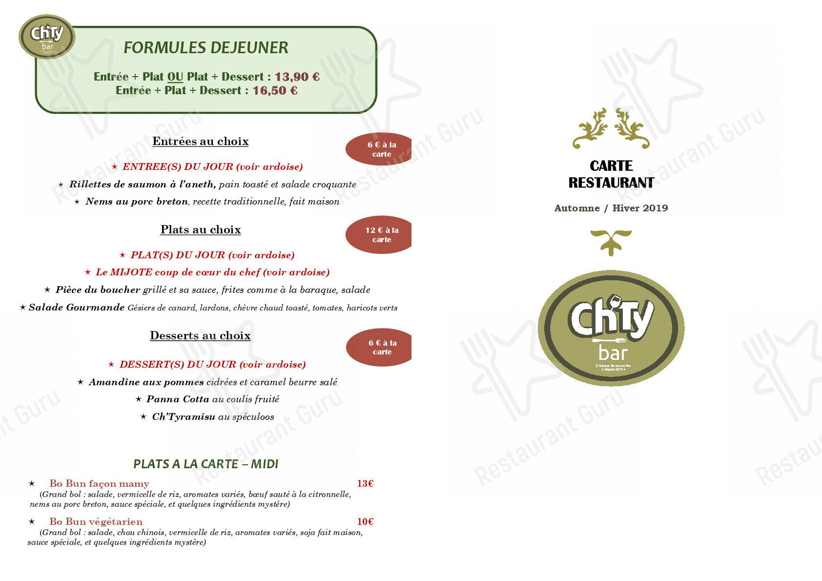 Меню для посетителей паба и бара Ch'Ty Bar - Restaurant Rennes