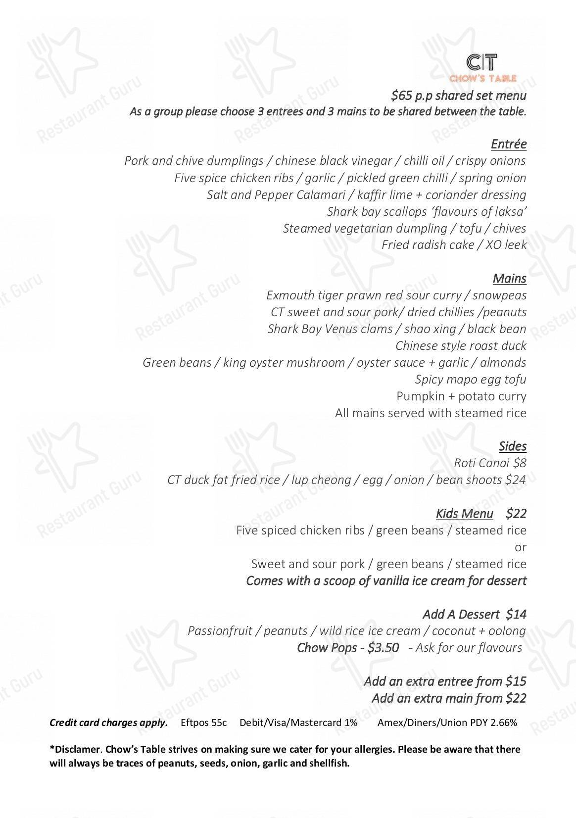 Wine Menu ресторана Chow's Table в Йоллингапе