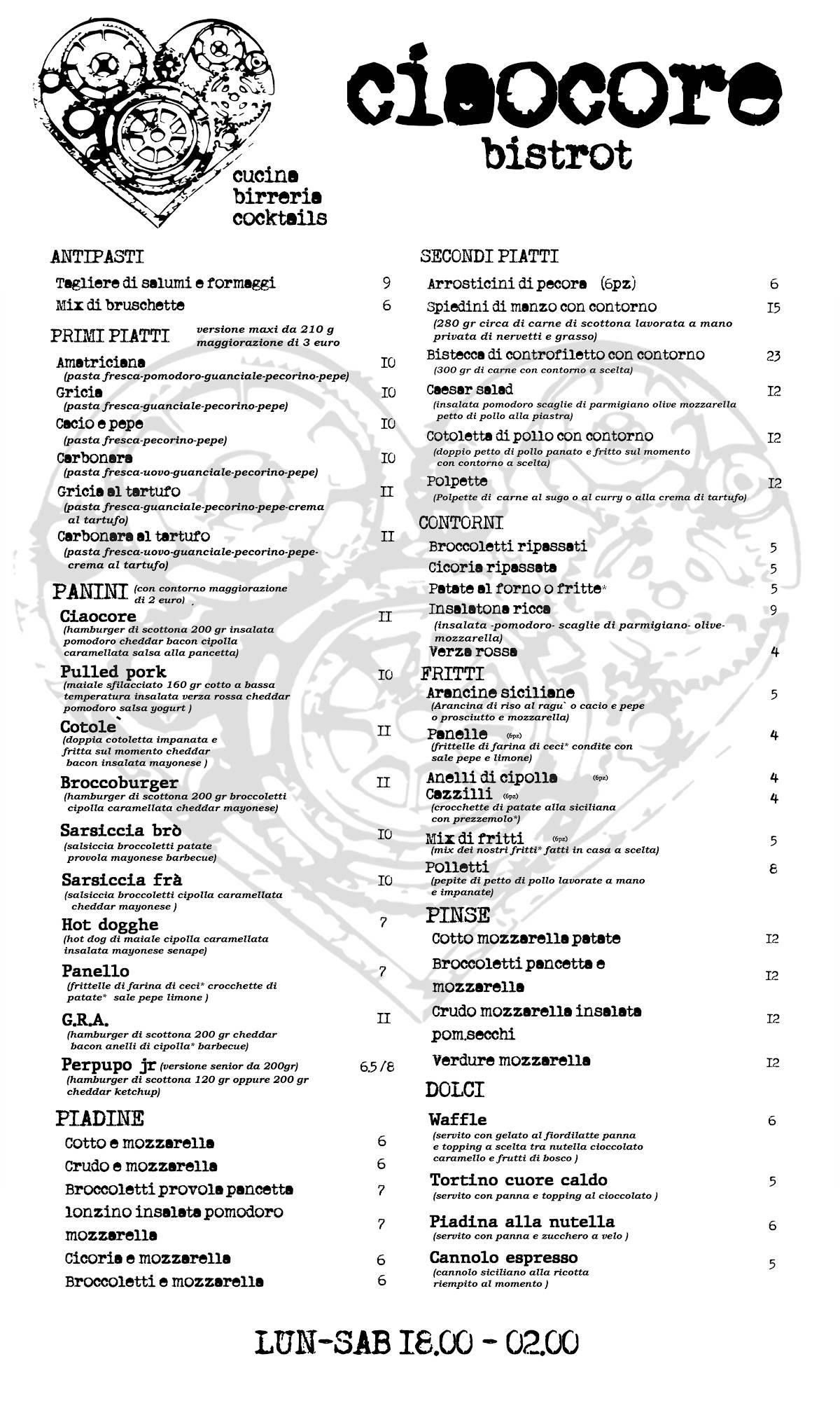 Ciaocore bistrot меню