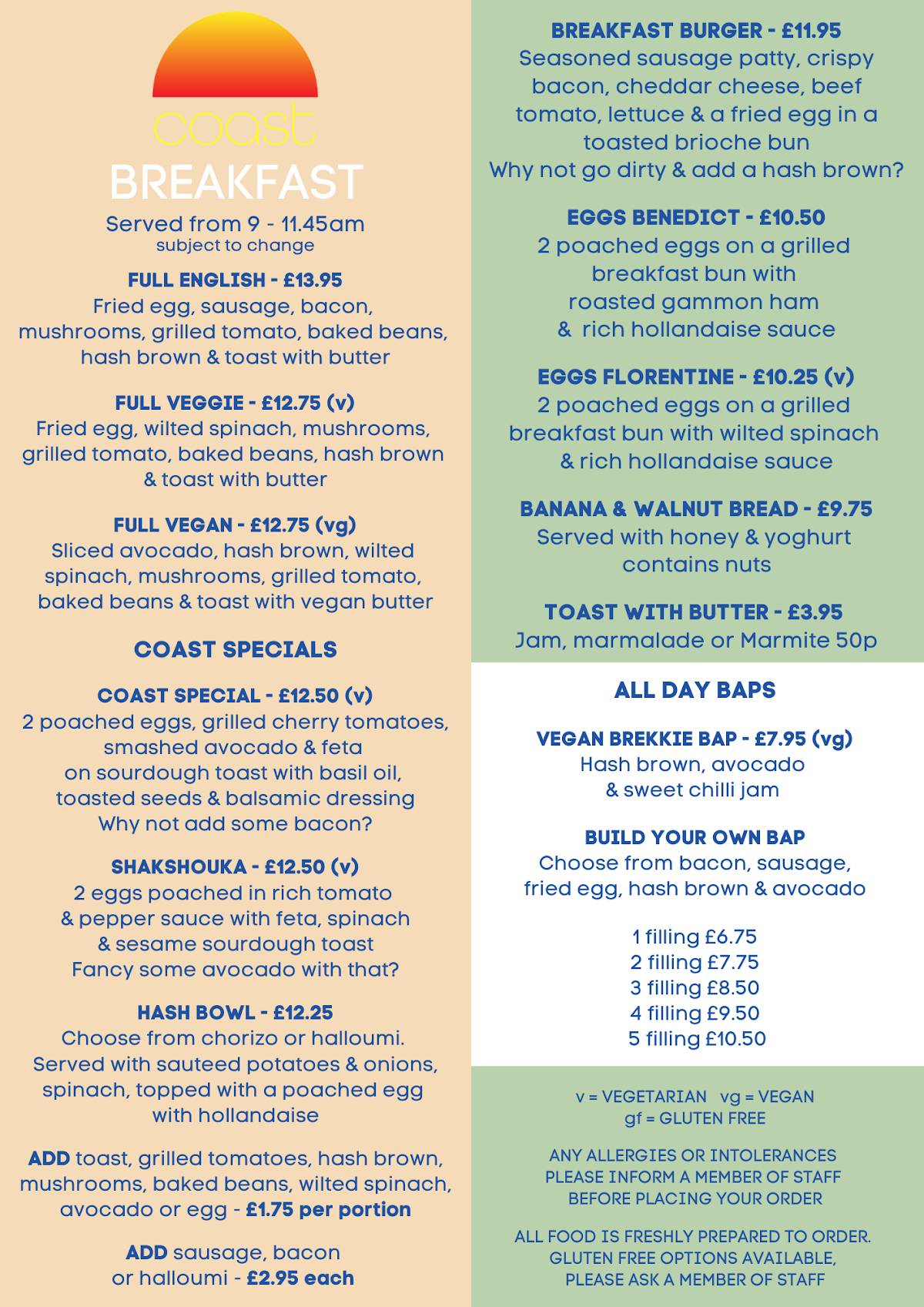 Coast Café меню