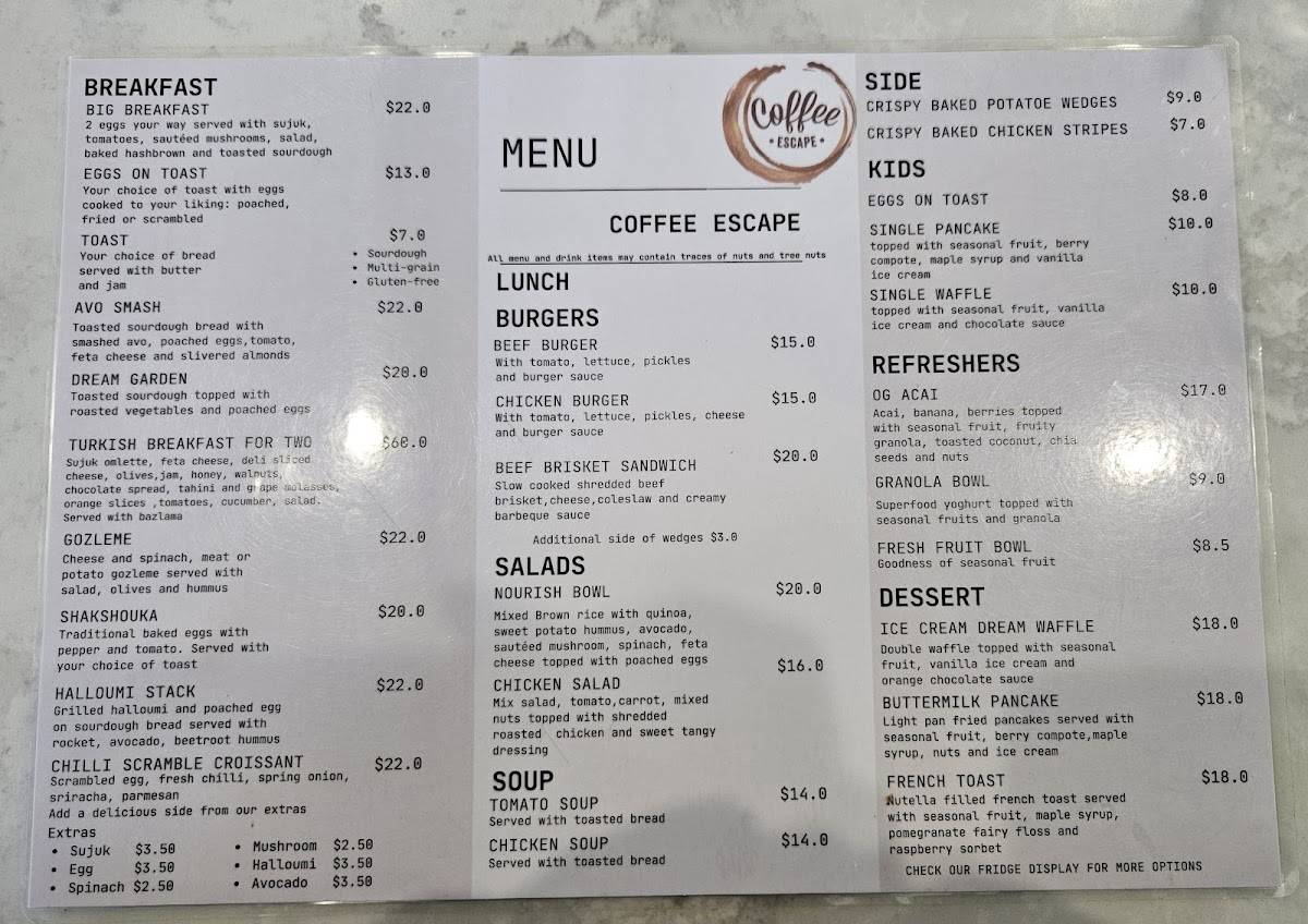 Coffee Escape меню