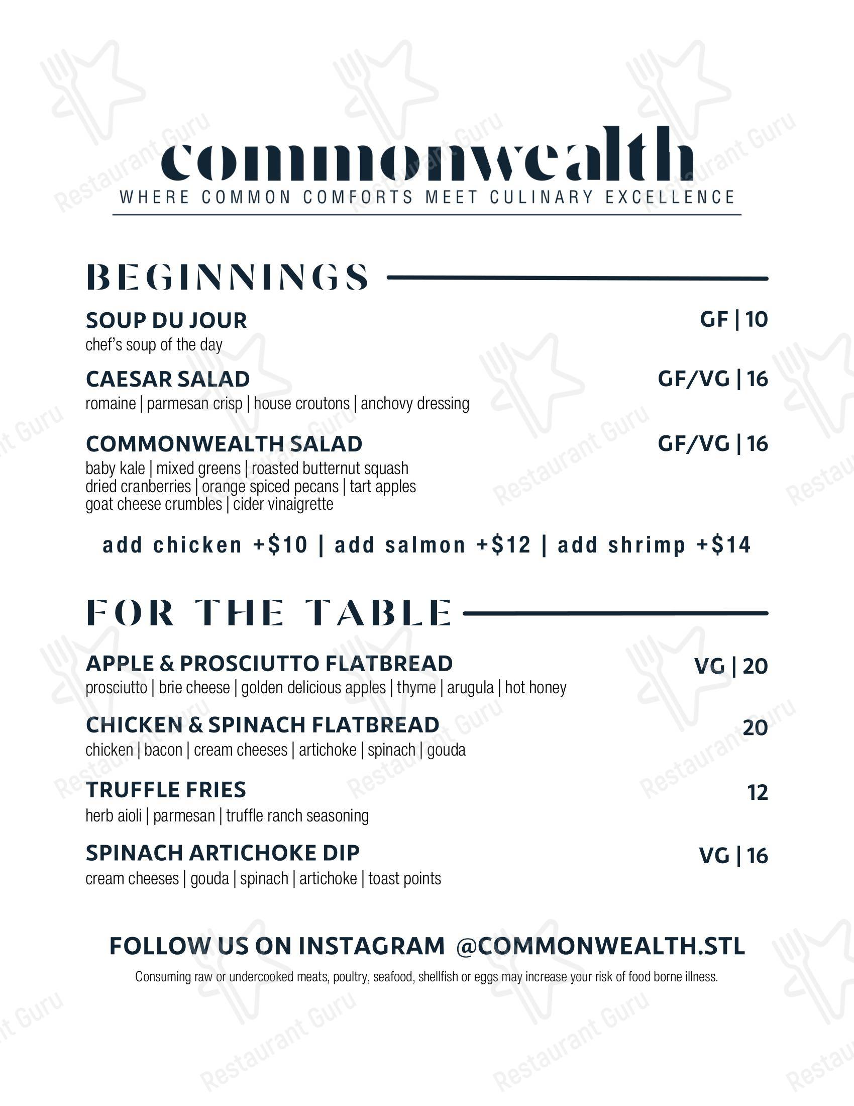 Меню ресторана Commonwealth - 菜单
