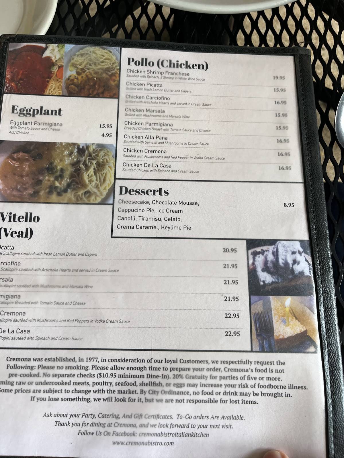 Cremona Bistro Italian Kitchen меню