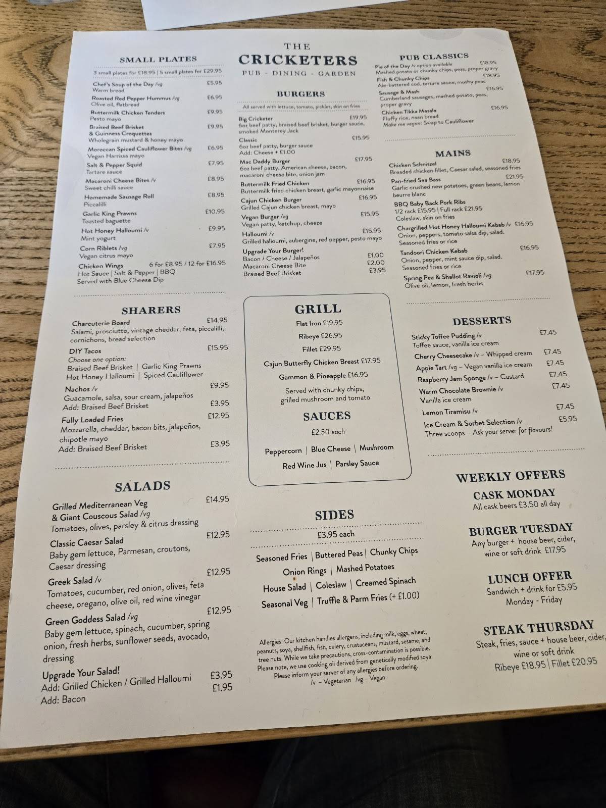 Cricketers Inn меню