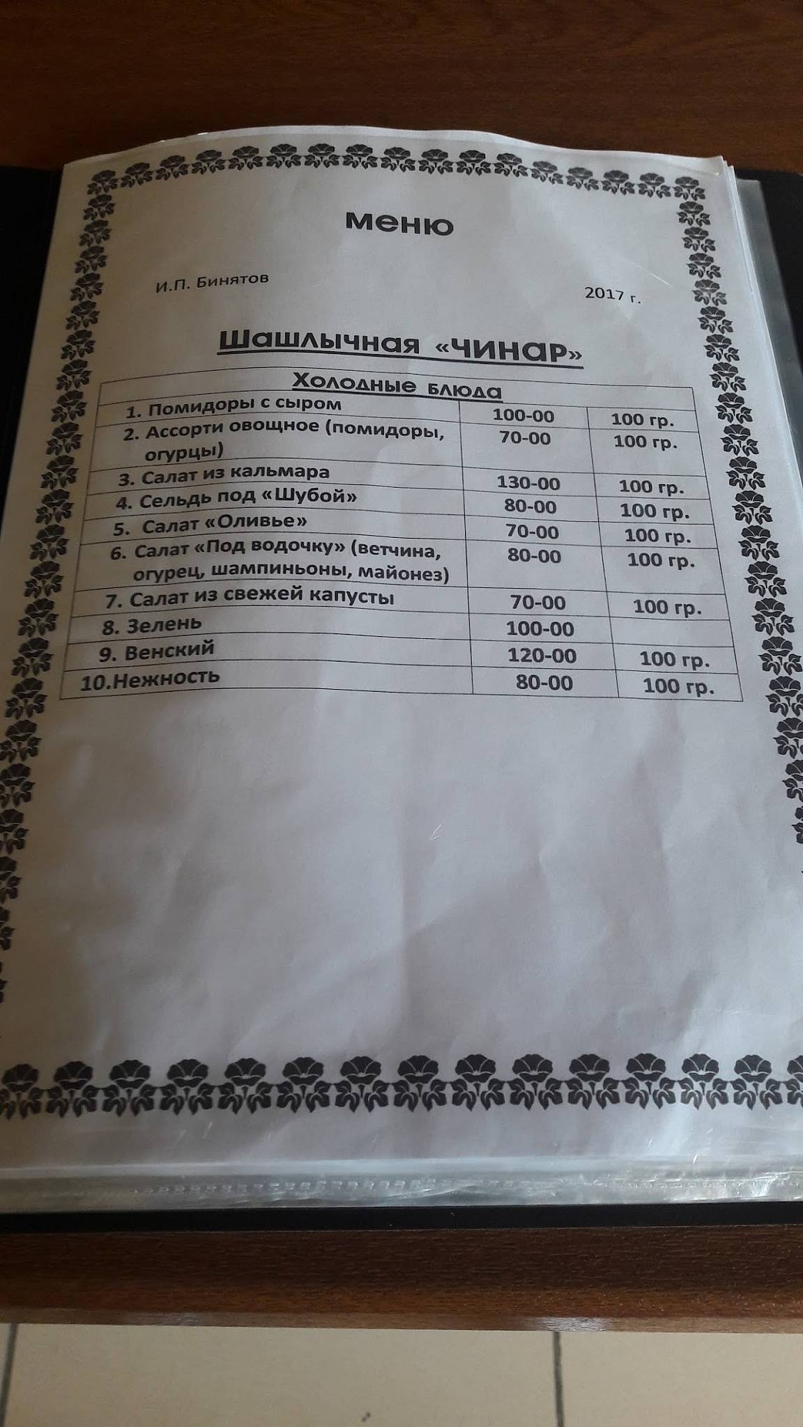 Чинар меню