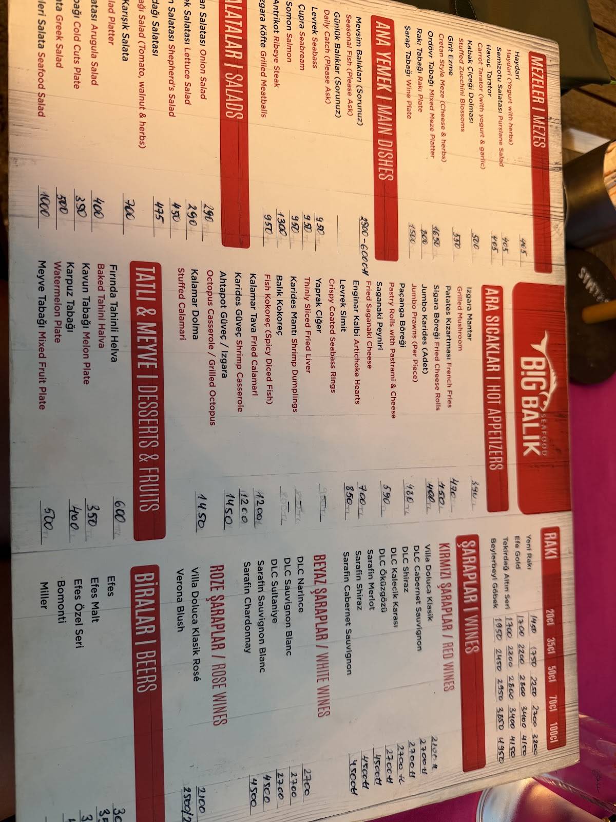 Kumluk Big Balık Datça Restaurant меню