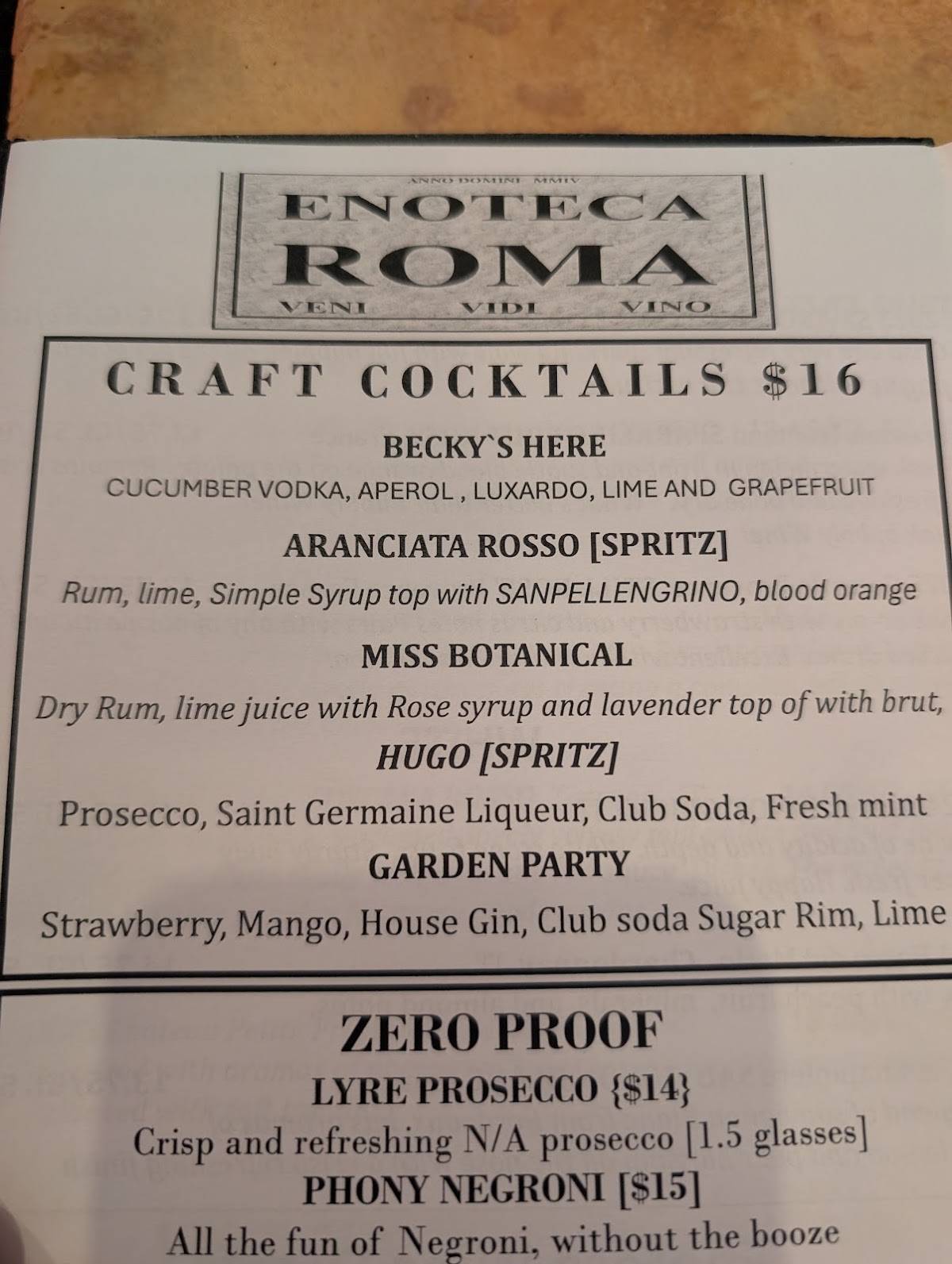 Enoteca Roma Ristorante меню