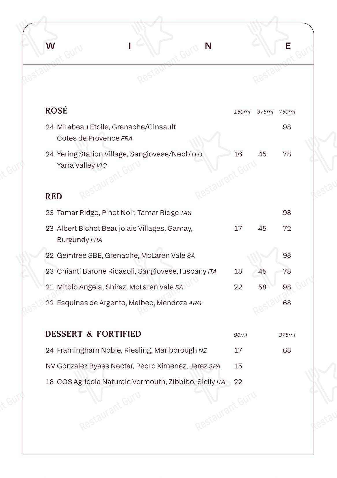 FOLIO в Миллерсе Пойнт - Меню