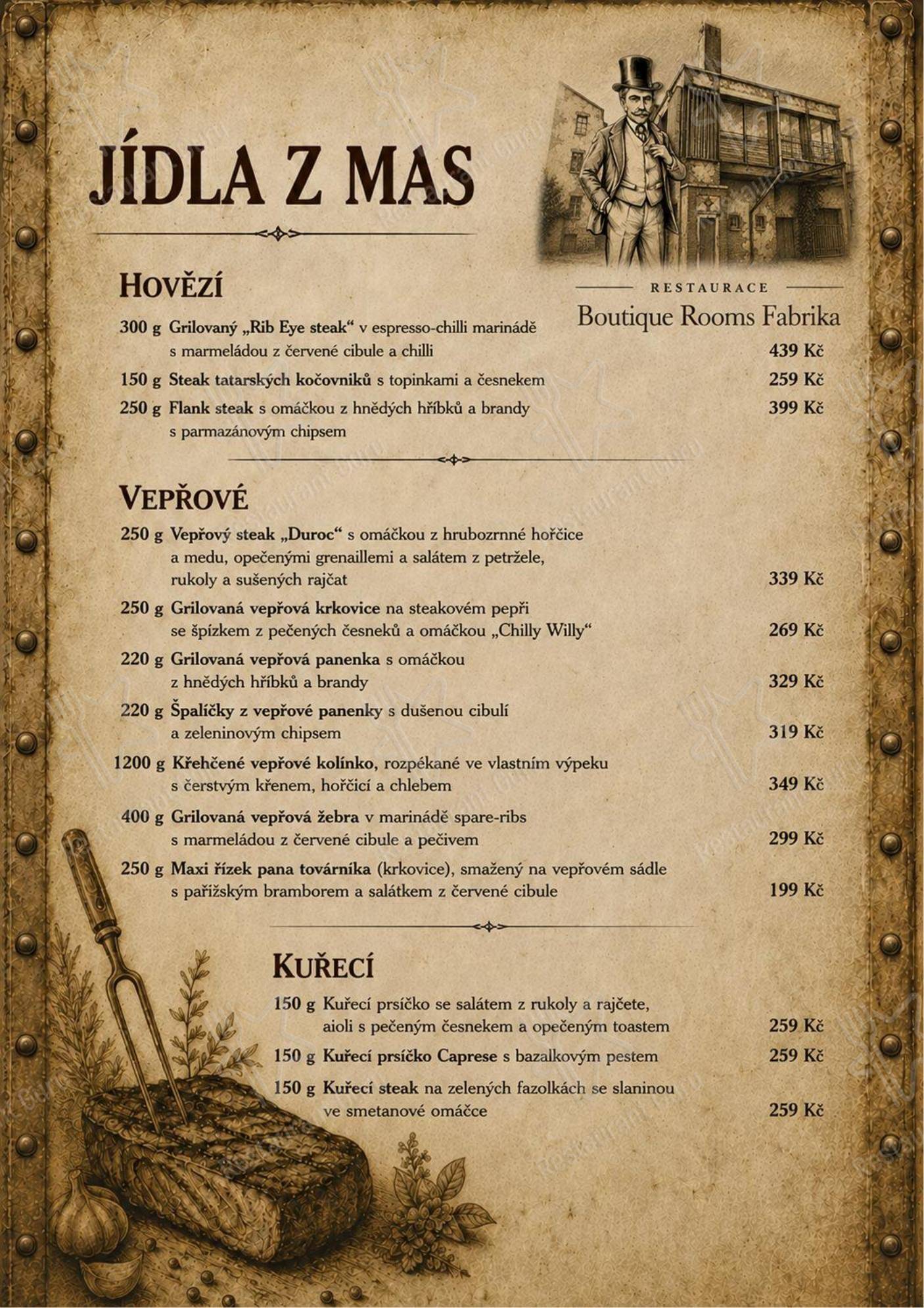 Меню напитков ресторана Restaurace & Boutique Rooms Fabrika в Дечине