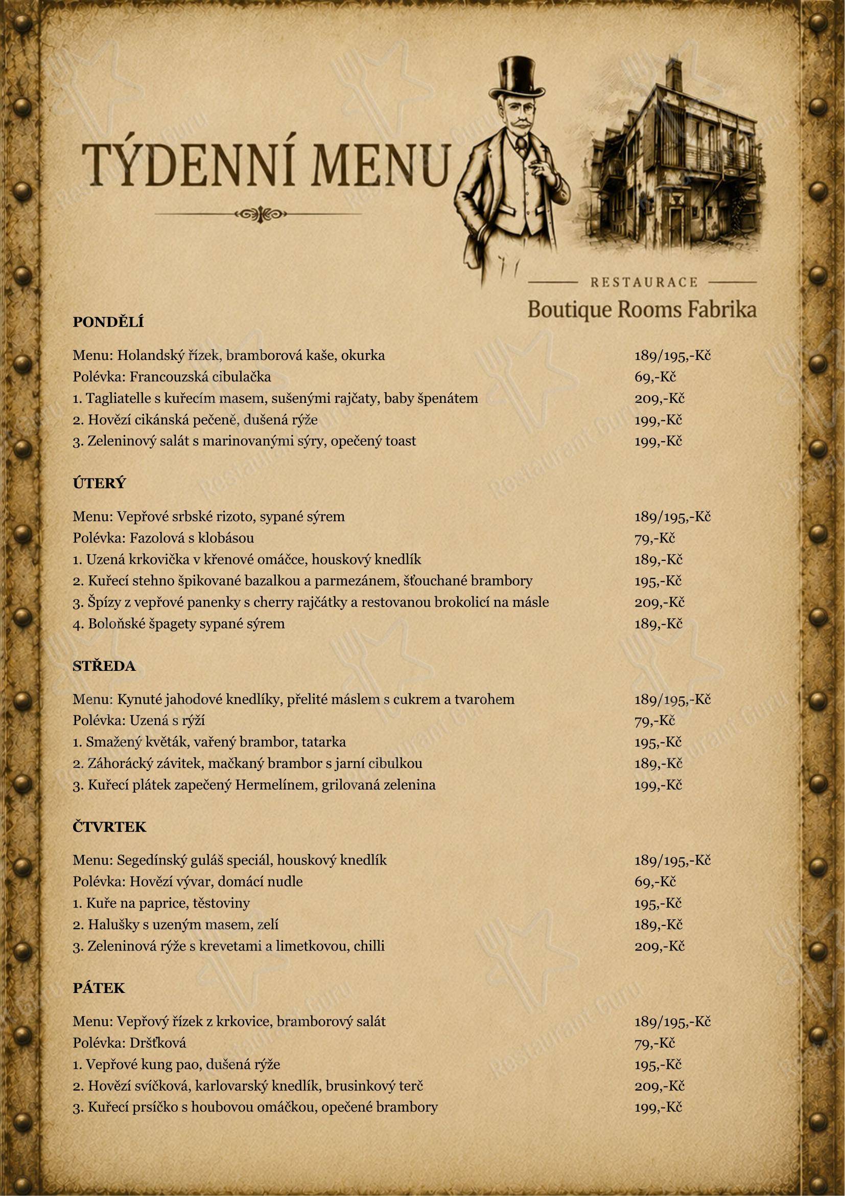菜单 ресторана Restaurace & Boutique Rooms Fabrika