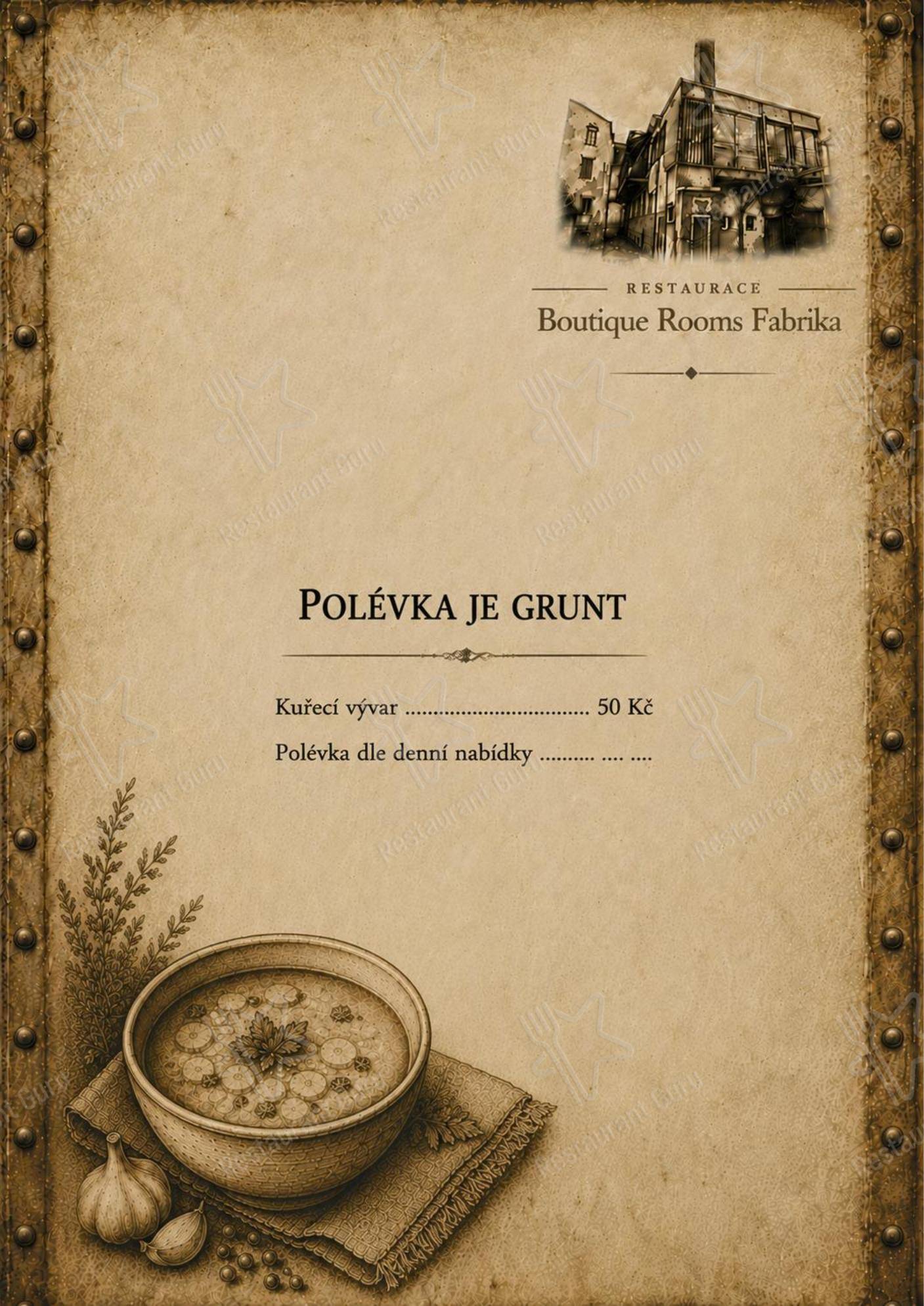 Меню напитков ресторана Restaurace & Boutique Rooms Fabrika в Дечине