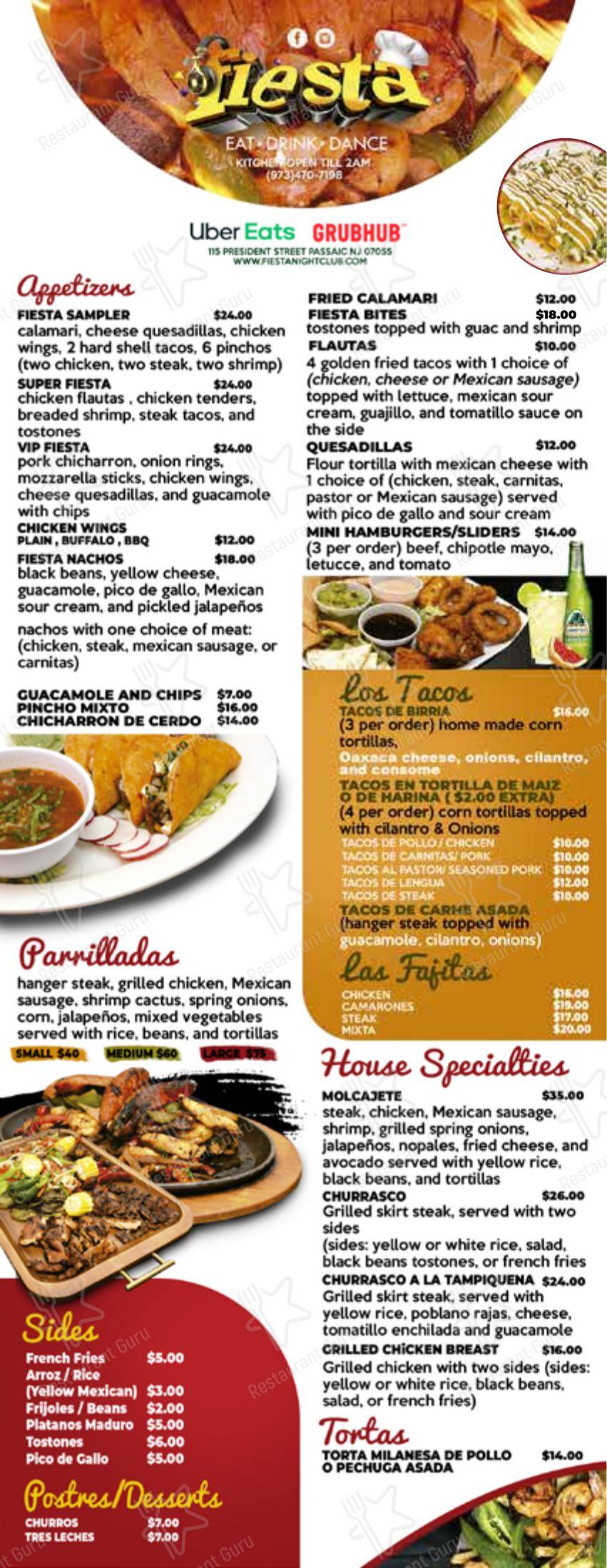 Меню клуба Fiesta Night Club & Restaurant - Меню