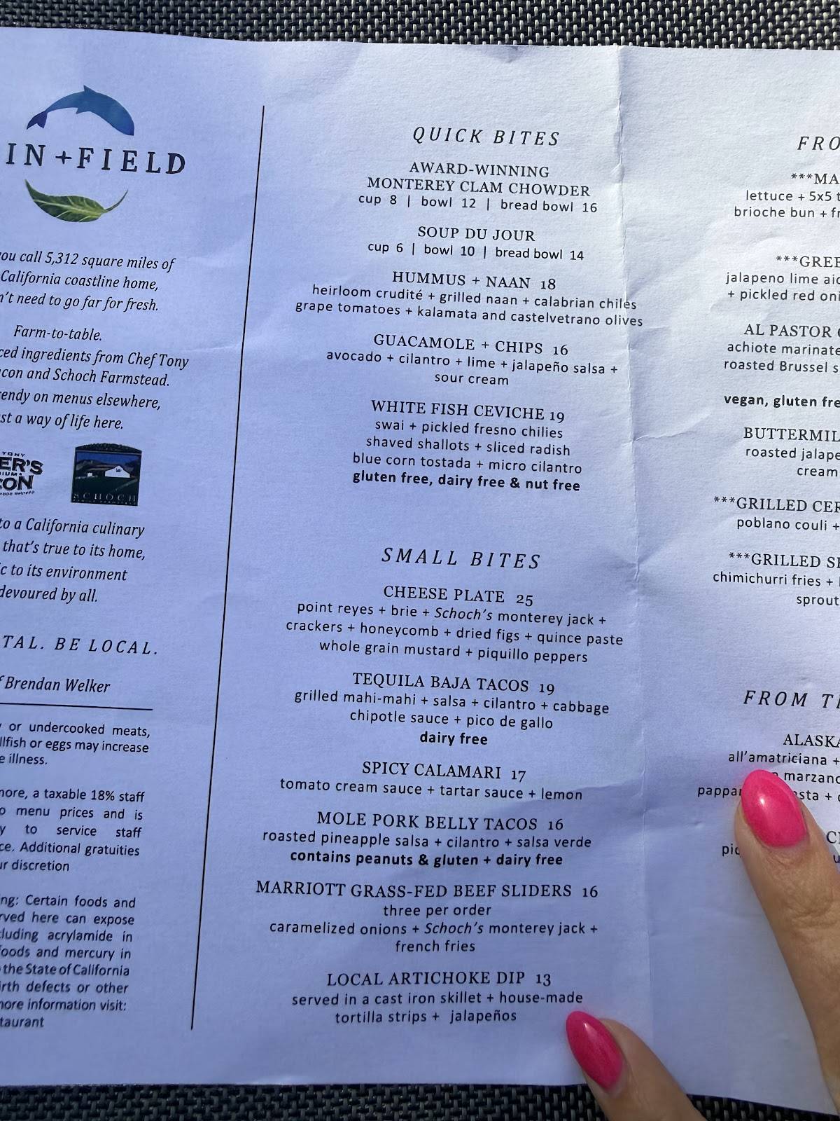 Fin + Field Restaurant and Bar меню