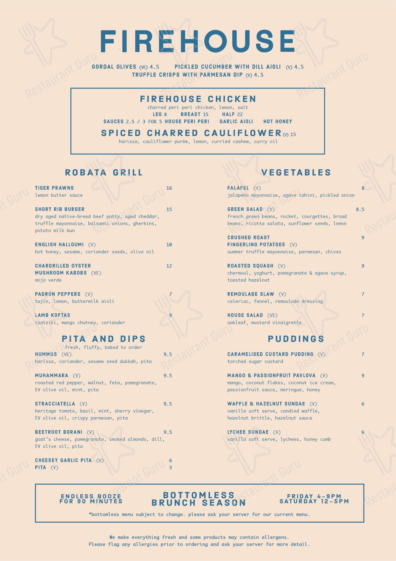 Основное меню ресторана Firehouse Manchester в Манчестере