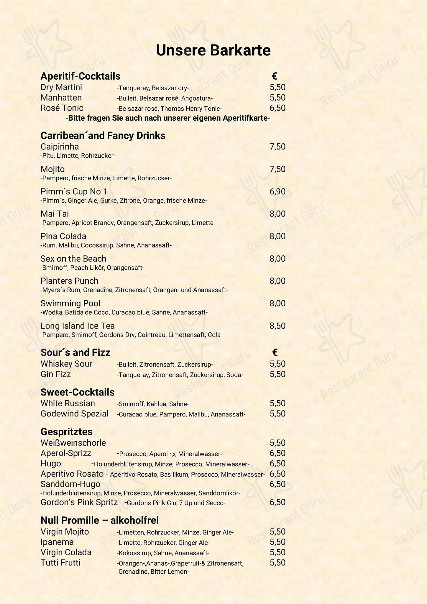 Меню Hotel Godewind - Dinner Menu