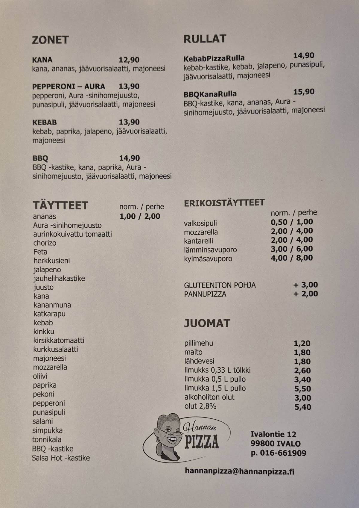 Hannan Pizza меню