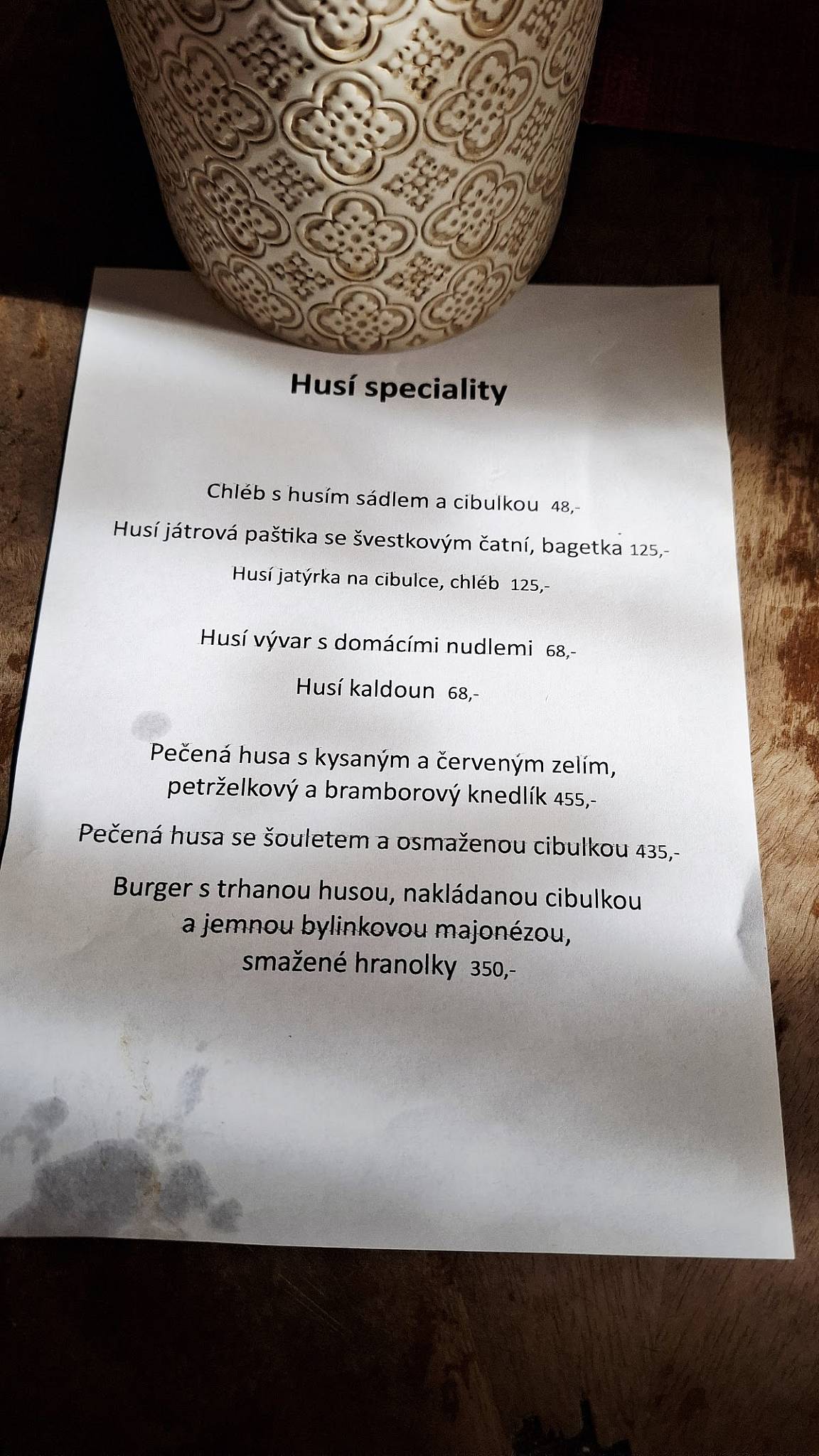 Hostinec U Rudyho меню