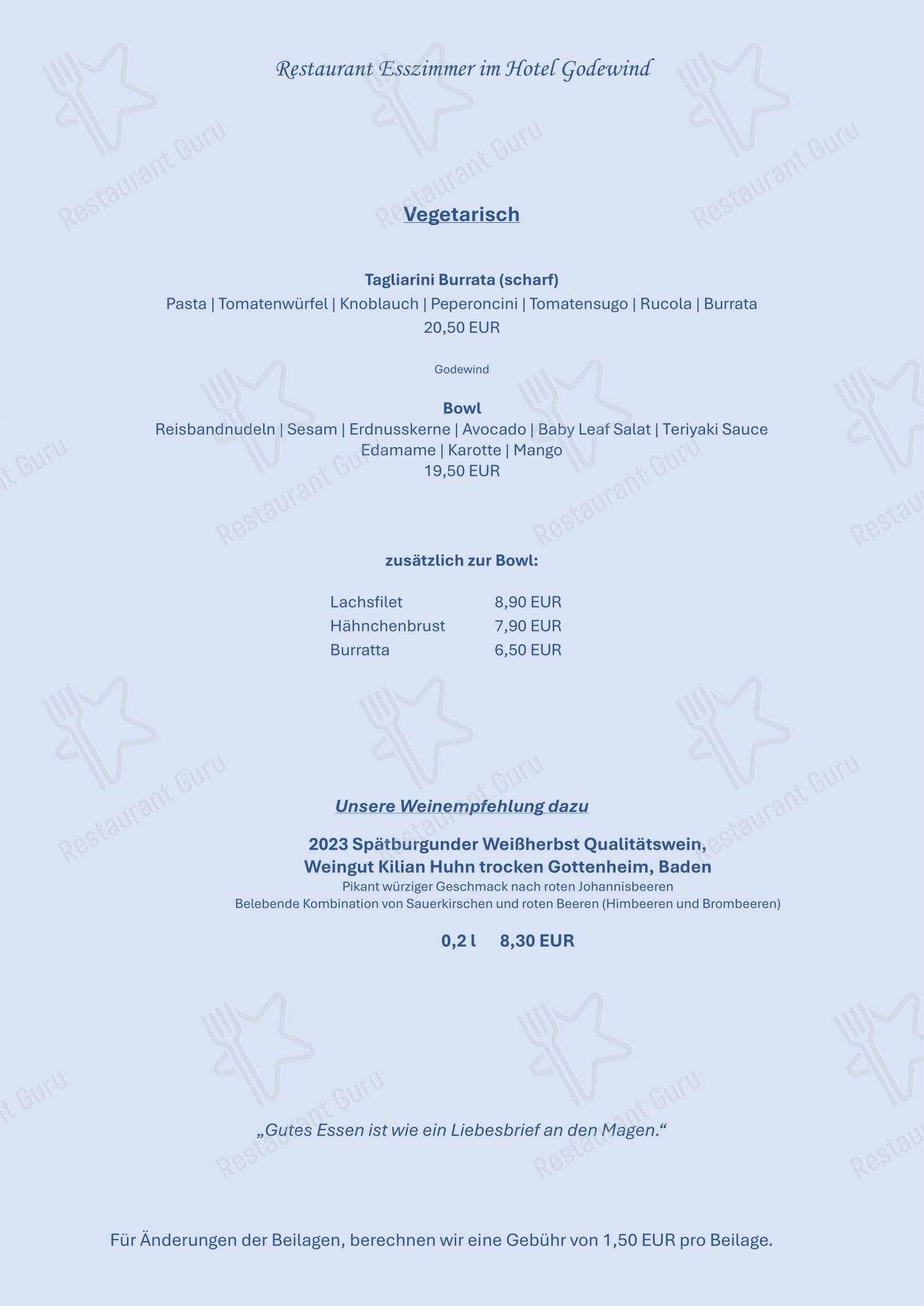 Hotel Godewind в Ростоке - Основное меню