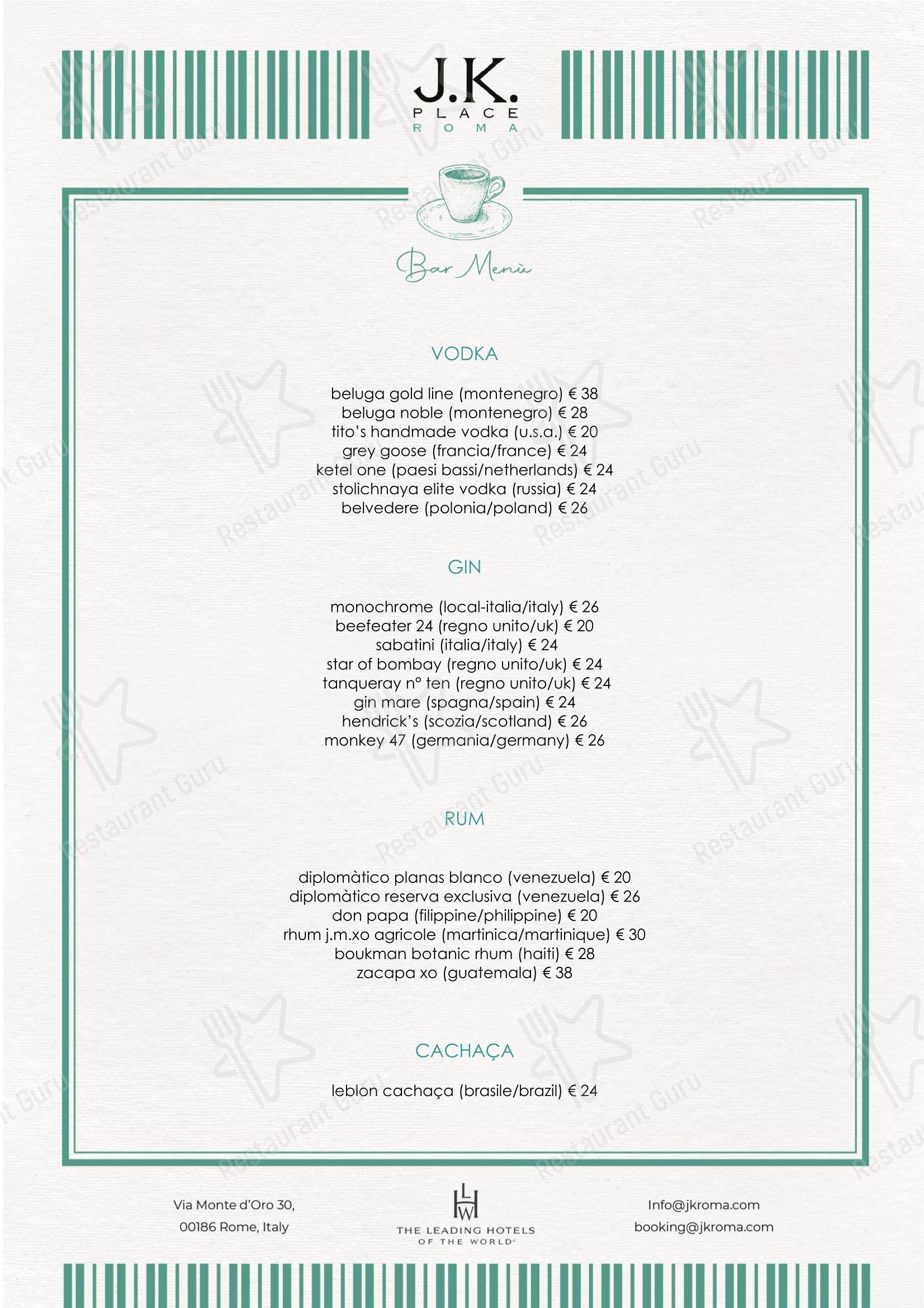 Dinner Menu ресторана J.K. Cafe