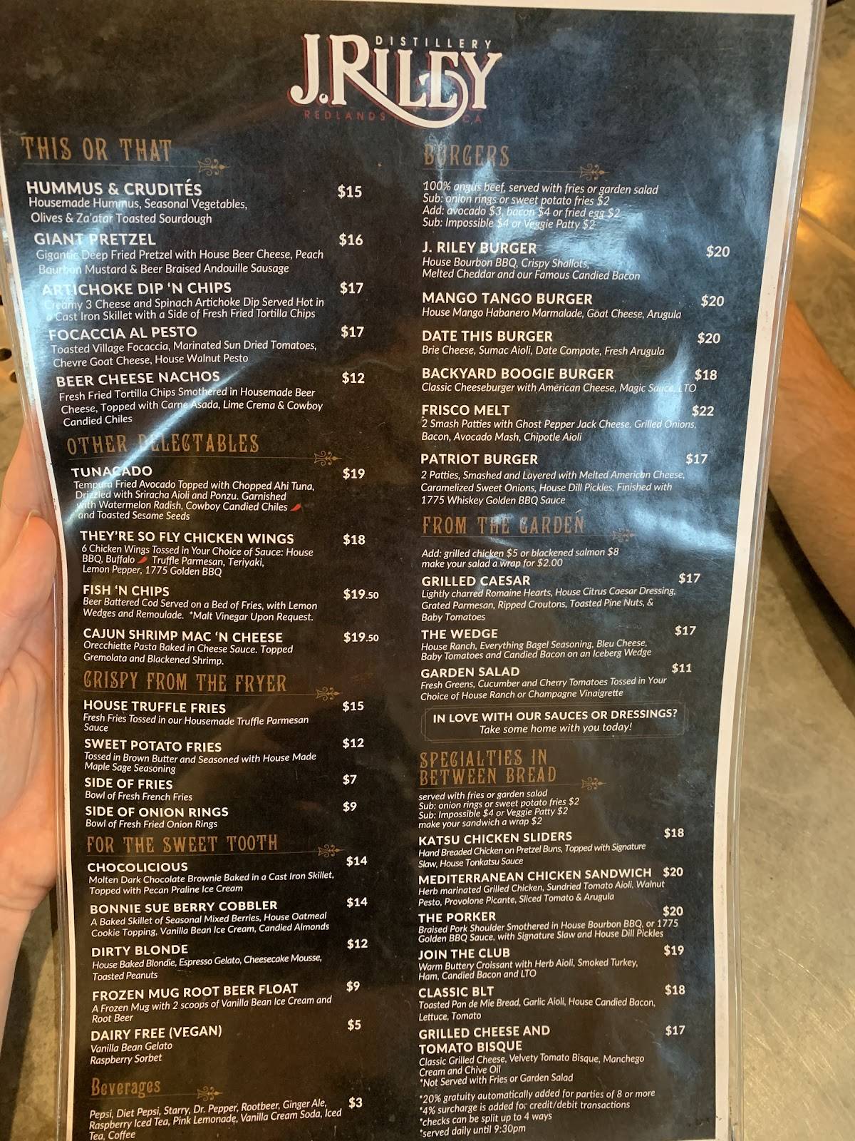 J Riley Distillery/Restaurant меню