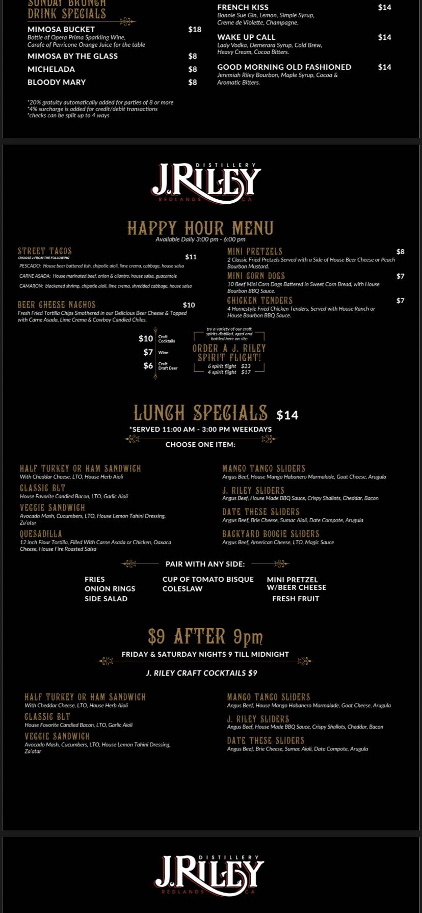 J Riley Distillery/Restaurant меню