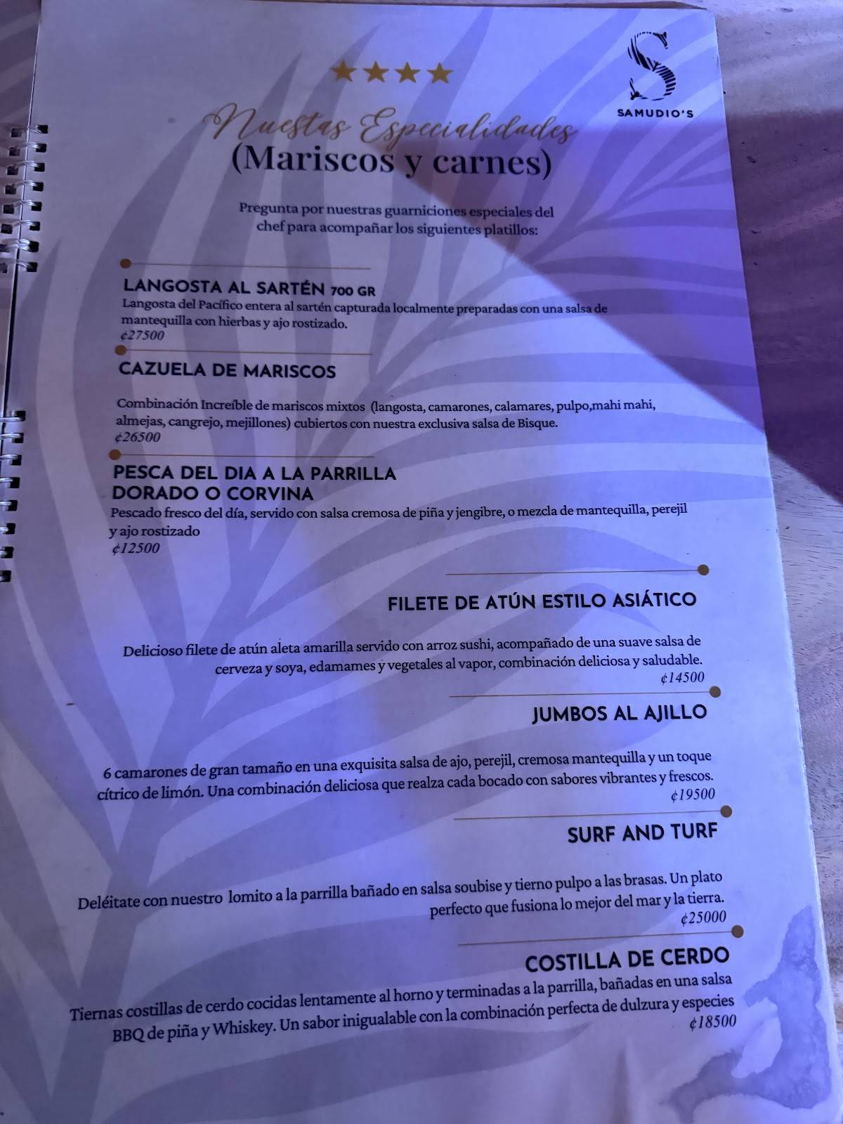 Samudio´s меню