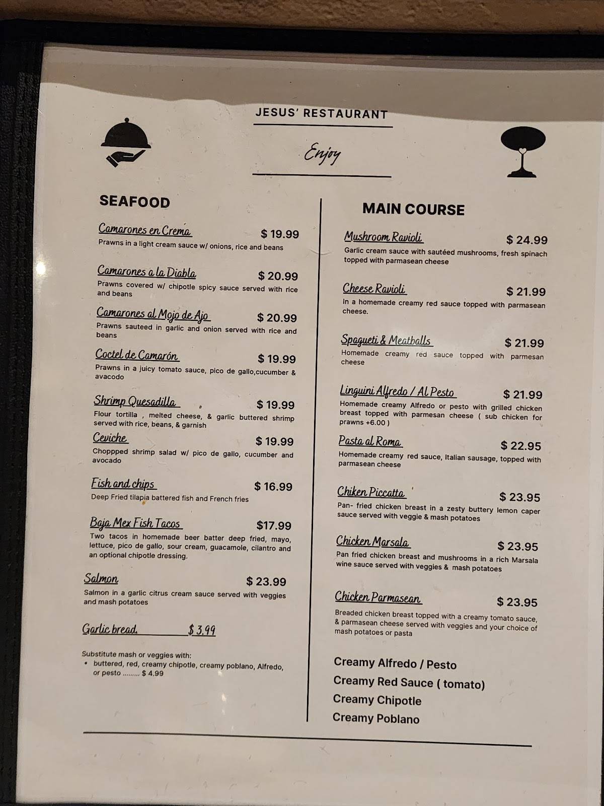 Jesus’ Restaurant меню