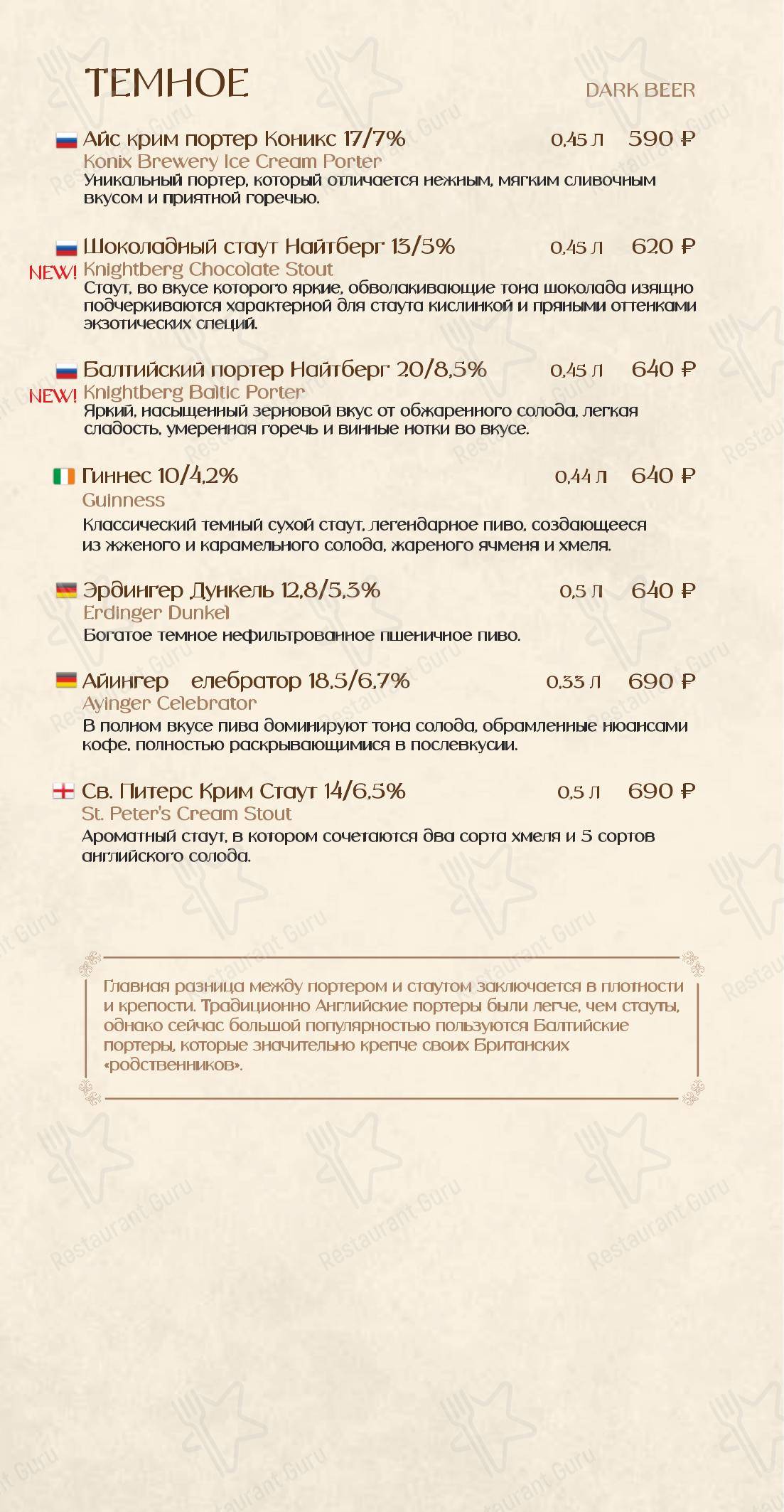 Основное меню ресторана Карловы Пивовары