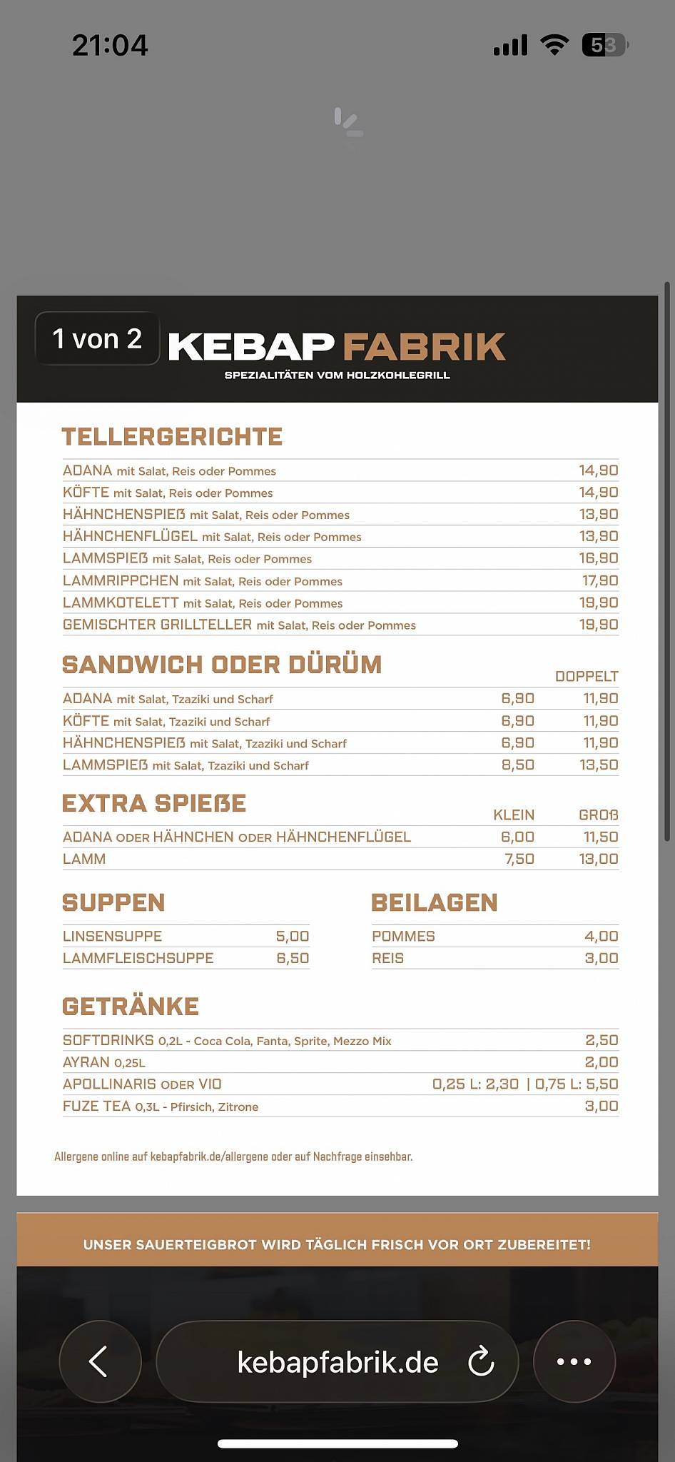 Kebap Fabrik меню