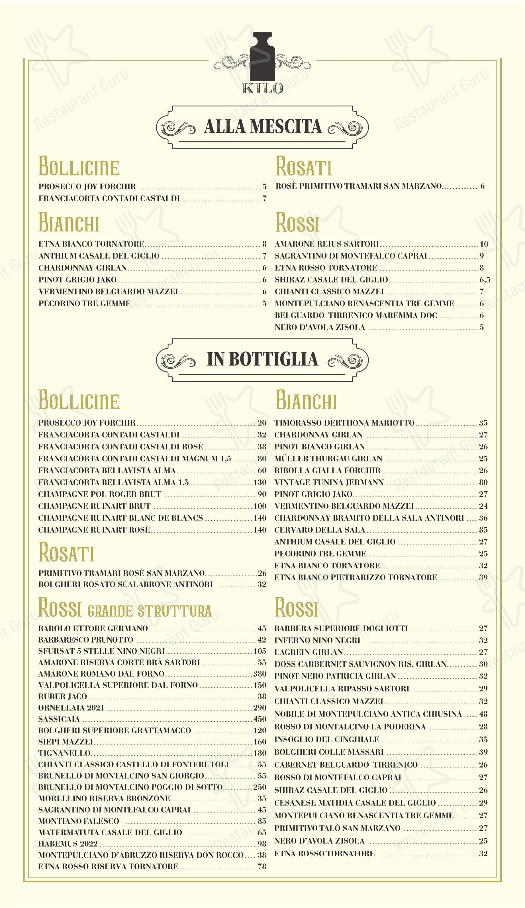 Меню напитков стейк хауса Kilo Restaurant в Риме