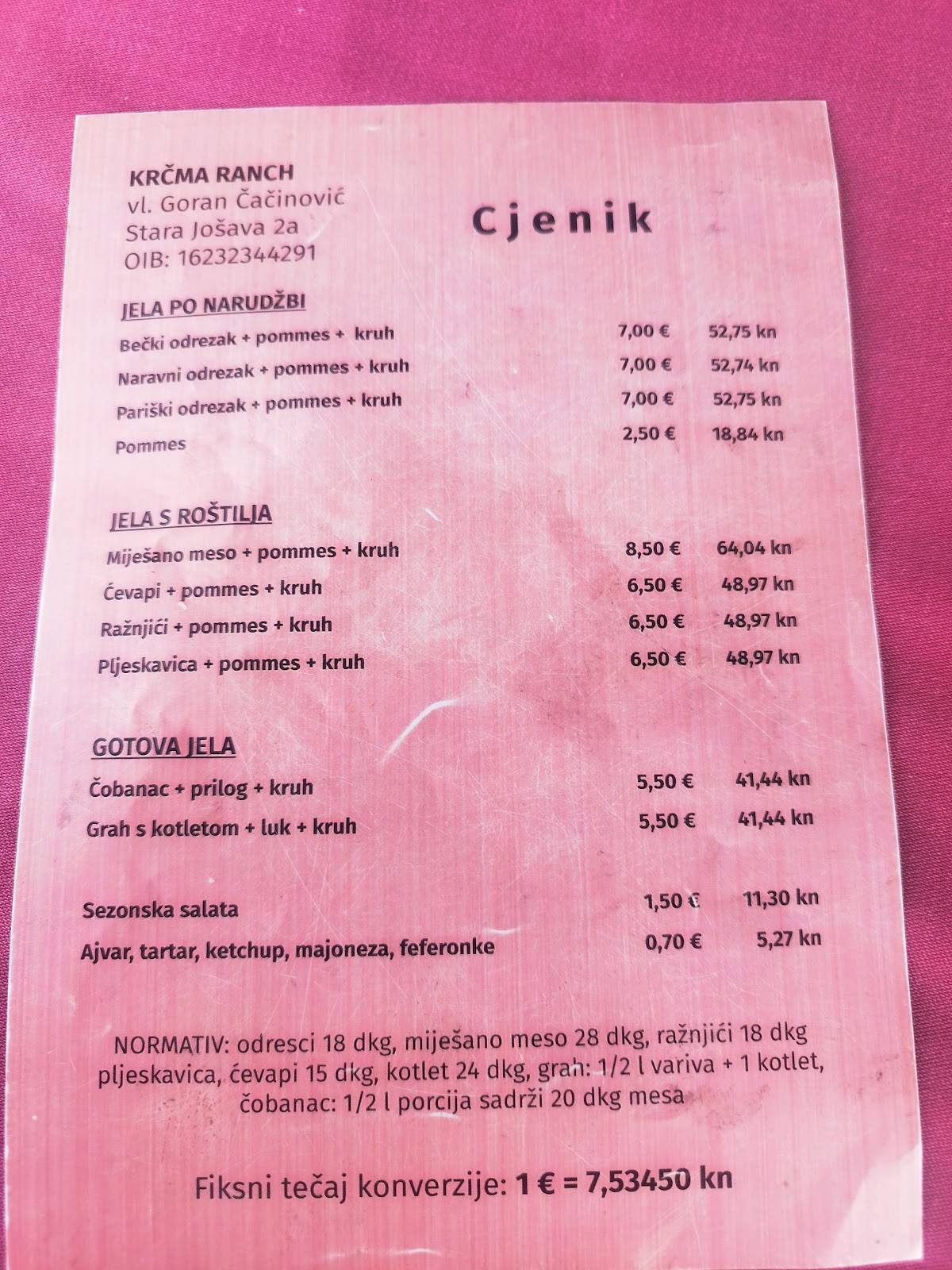 Krčma Ranch меню
