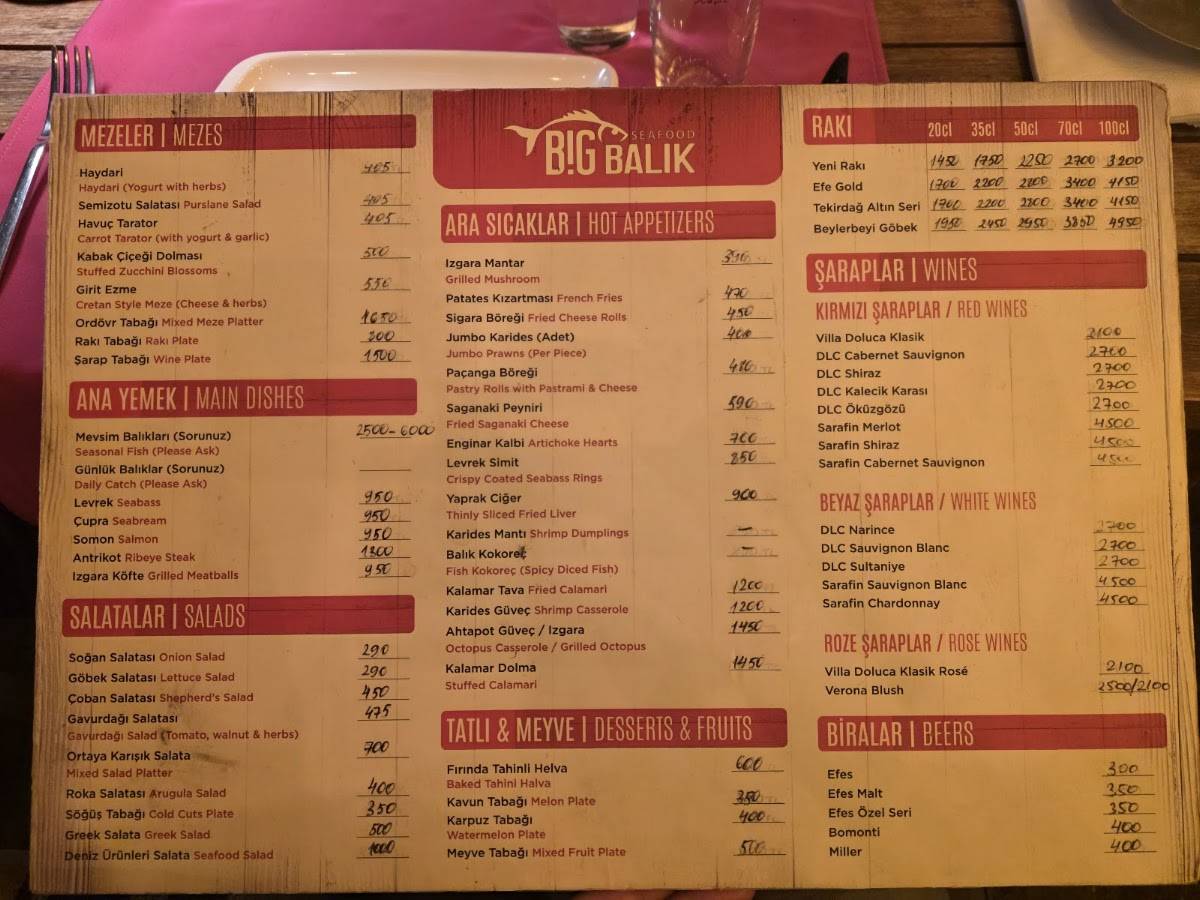 Kumluk Big Balık Datça Restaurant меню