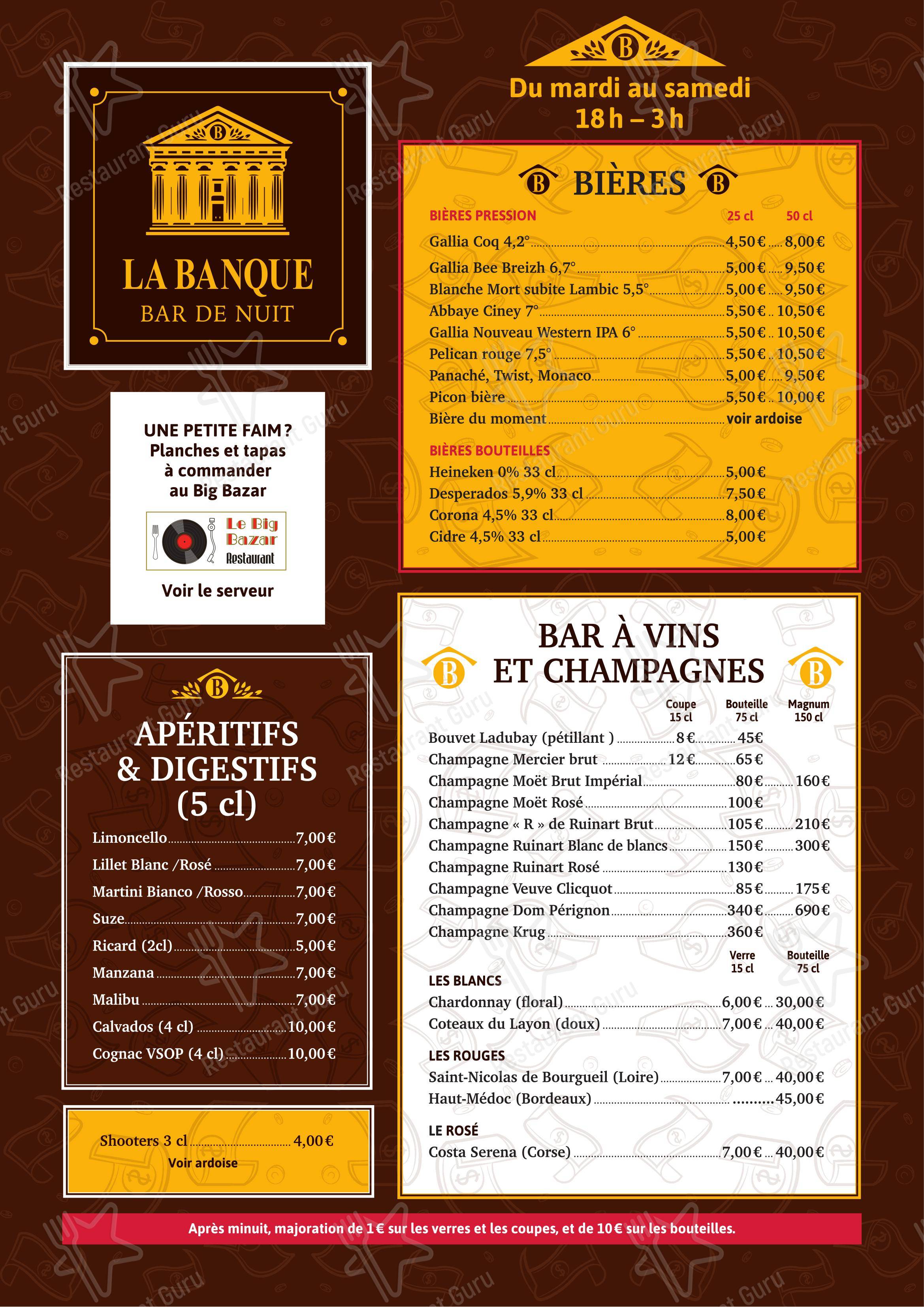 Меню паба и бара La Banque