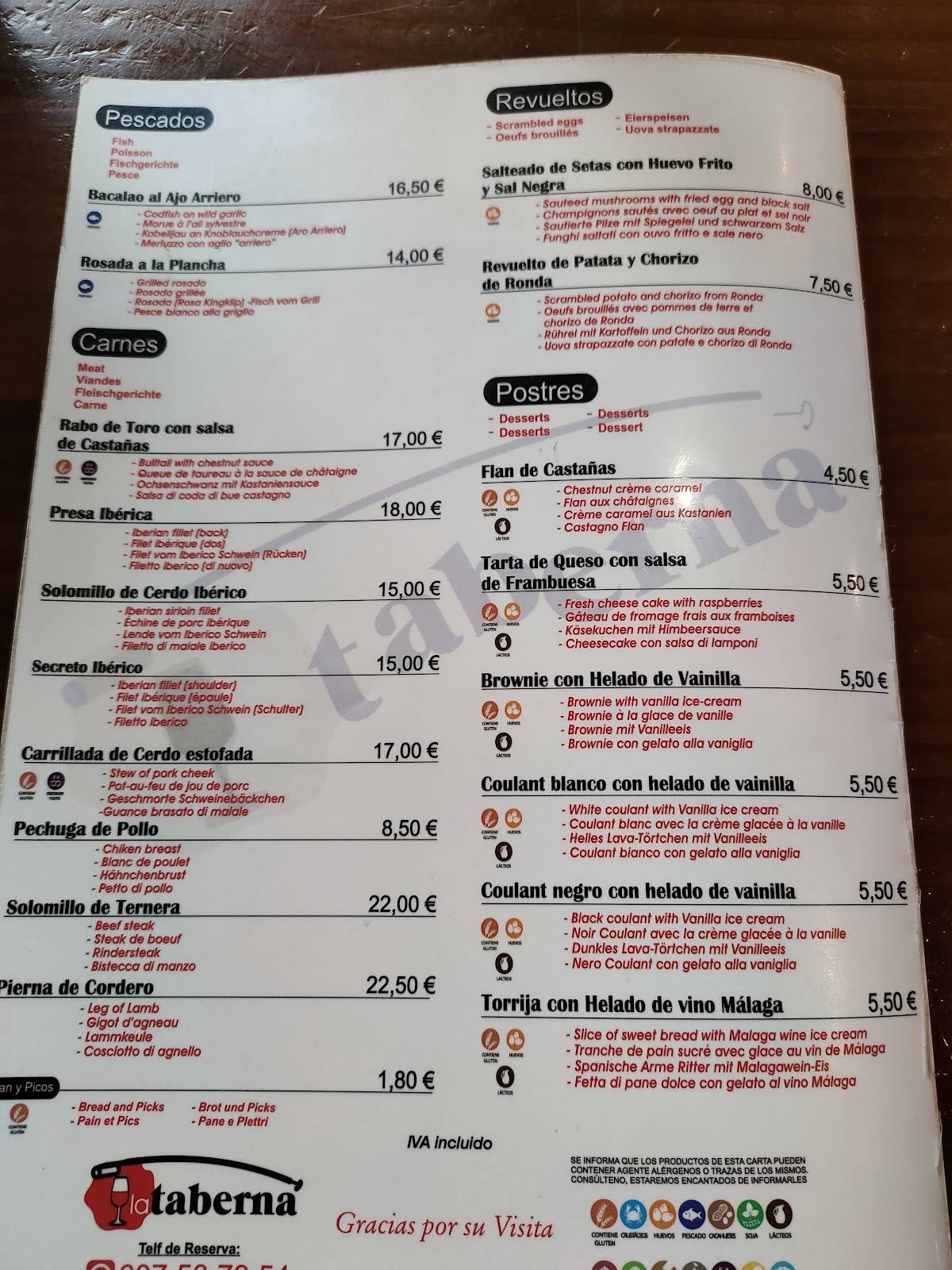La Taberna меню