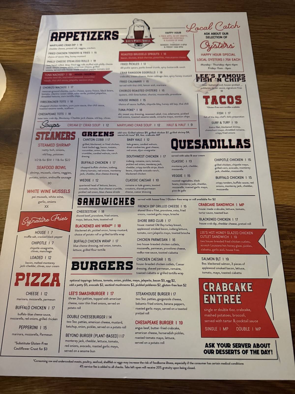 Lee's Pint & Shell меню