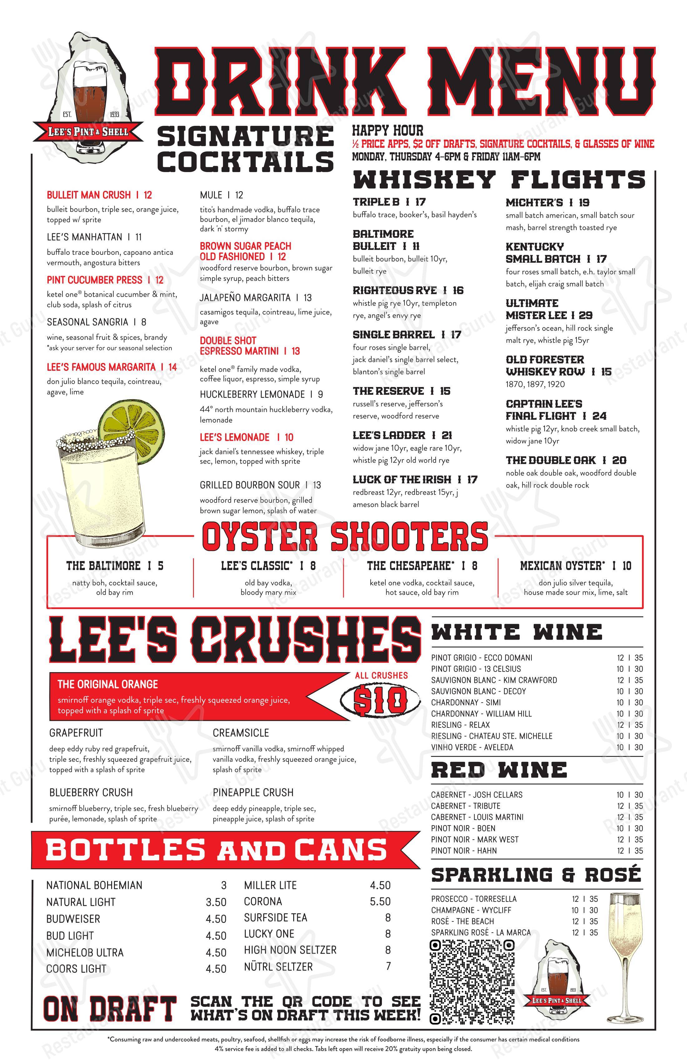 Основное меню паба и бара Lee's Pint & Shell в Балтиморе