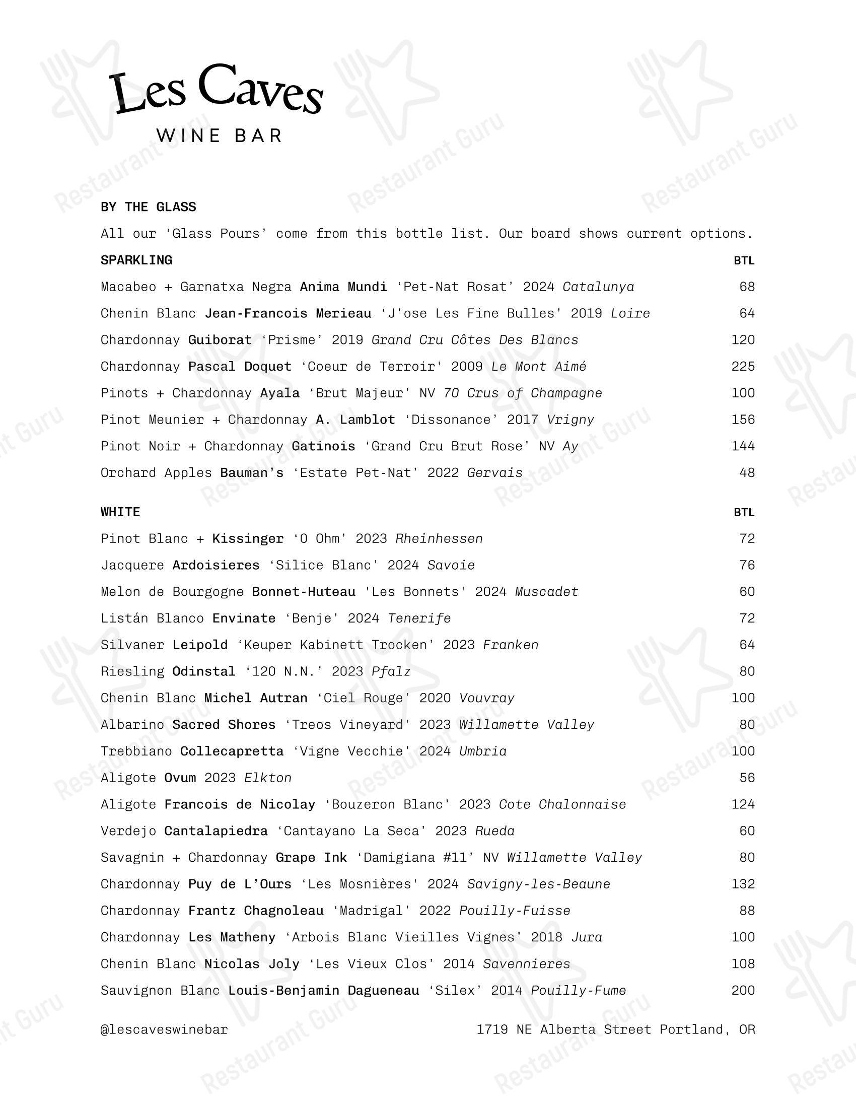 Меню напитков паба и бара Les Caves Wine Bar