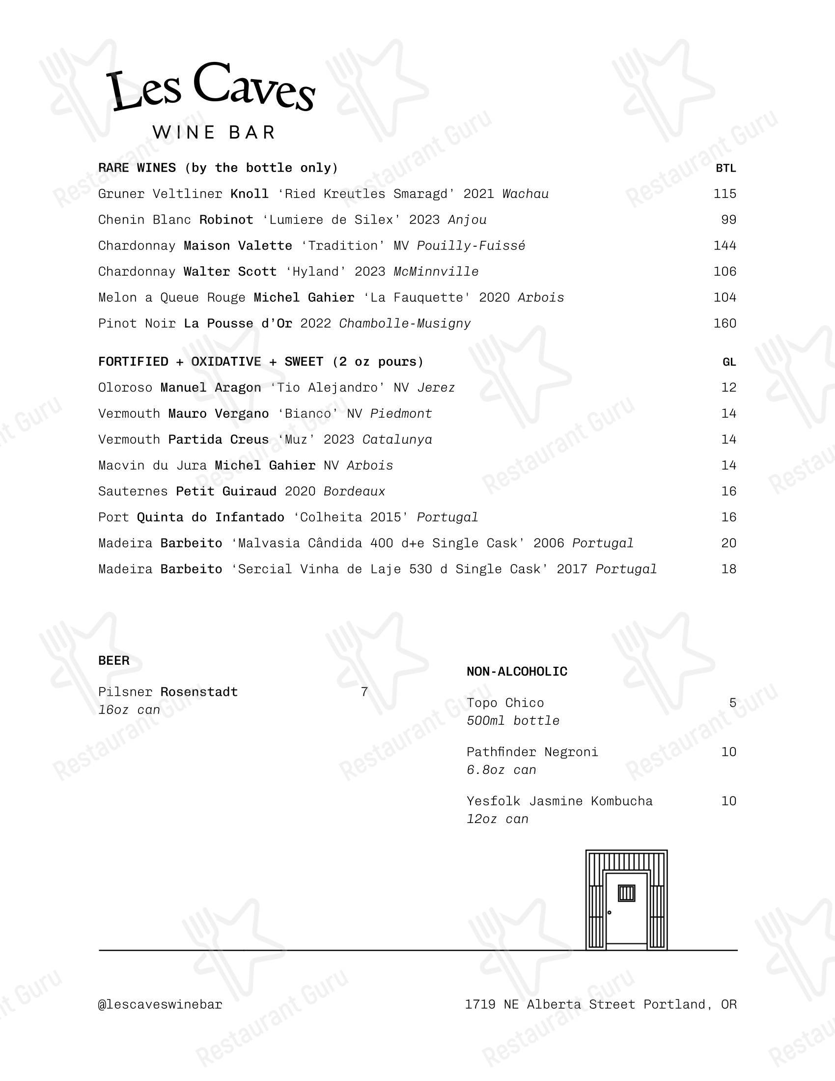 Меню напитков паба и бара Les Caves Wine Bar в Портленде