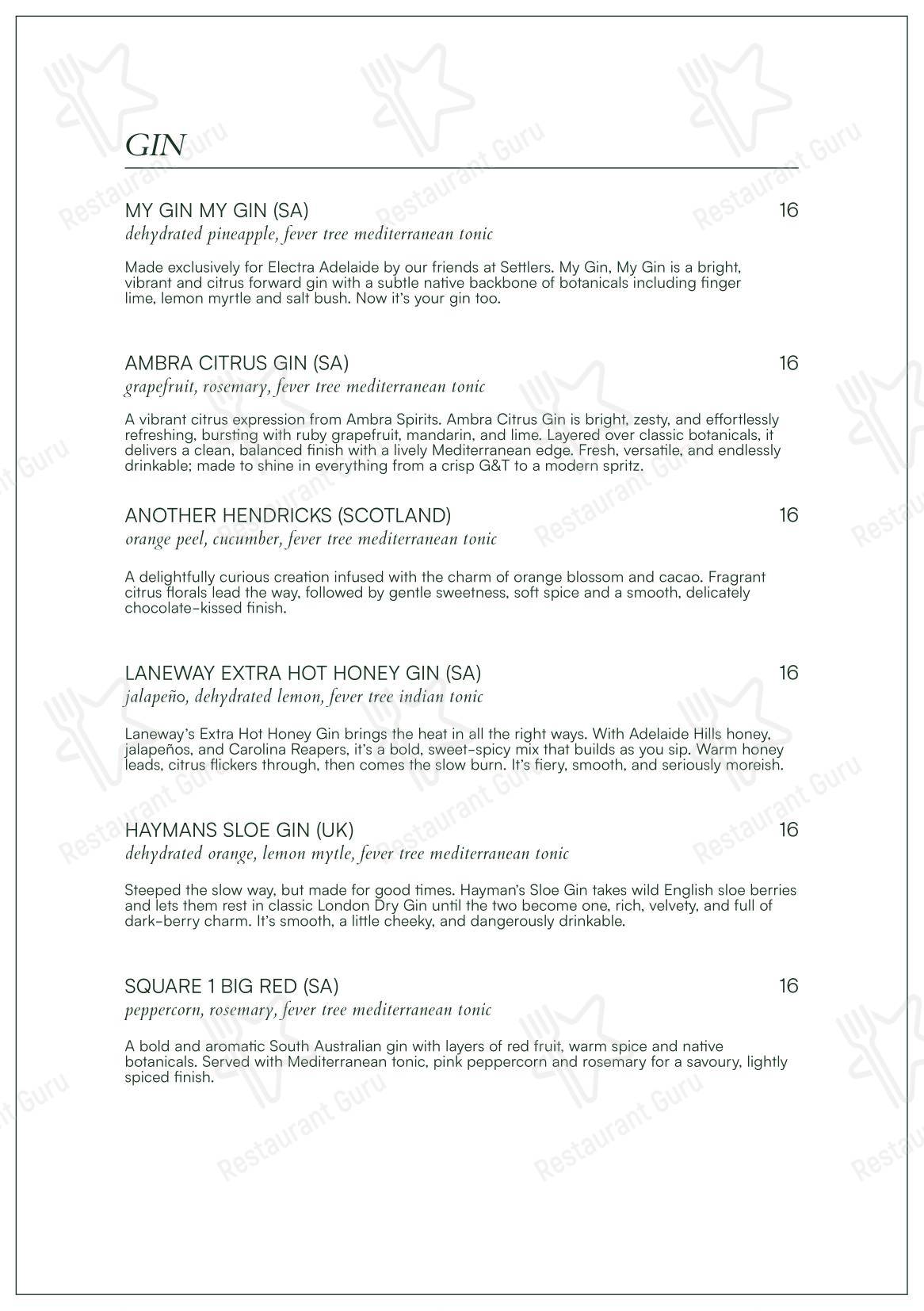 Level One Restaurant @ Electra House Hotel в Аделаиде - Меню