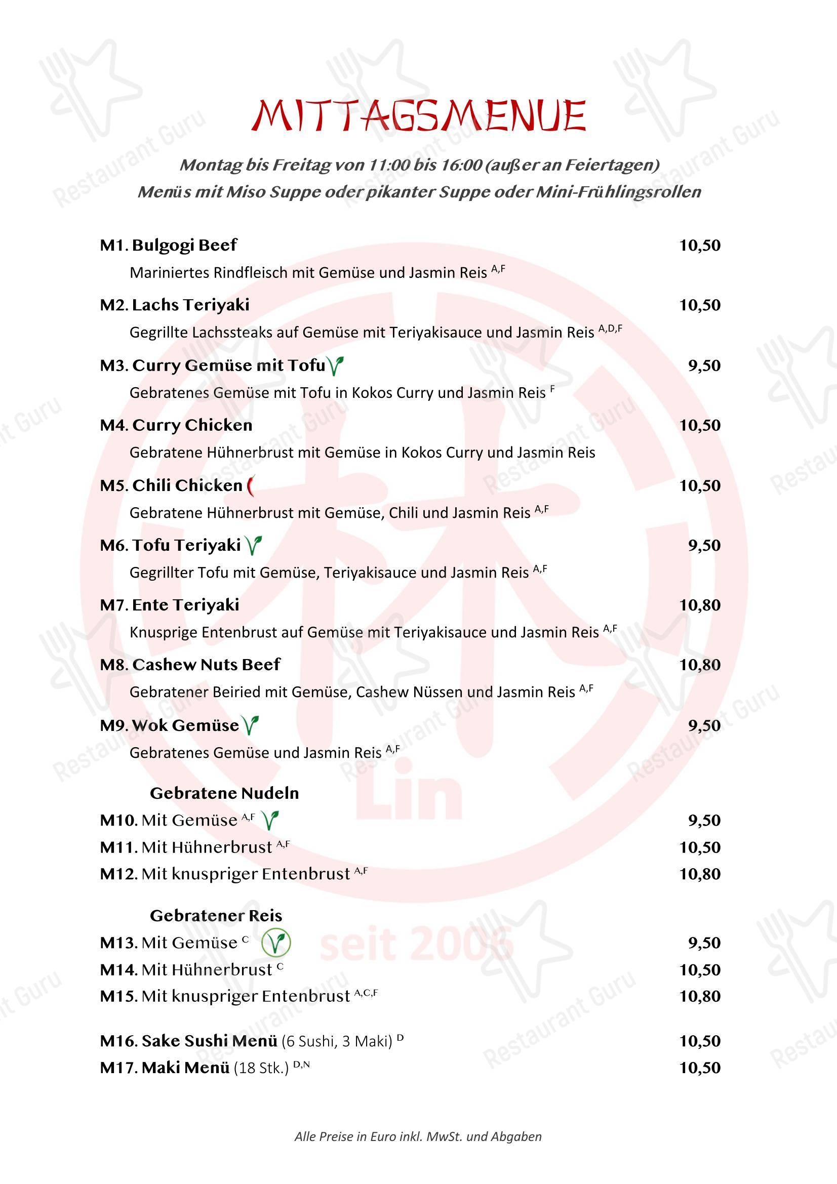 Lin Asian Fusion в Вене - Основное меню