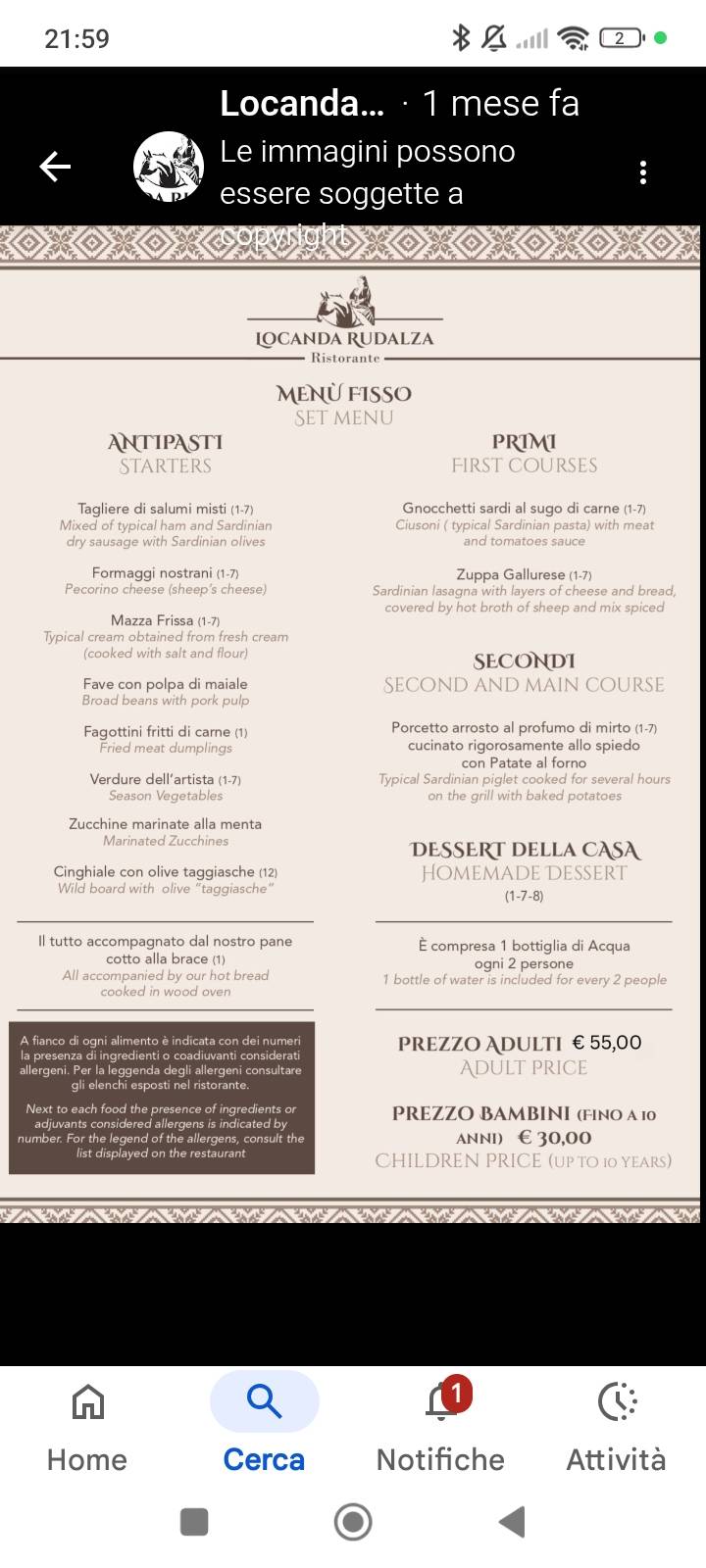 Locanda Rudalza cucina tipica sarda меню