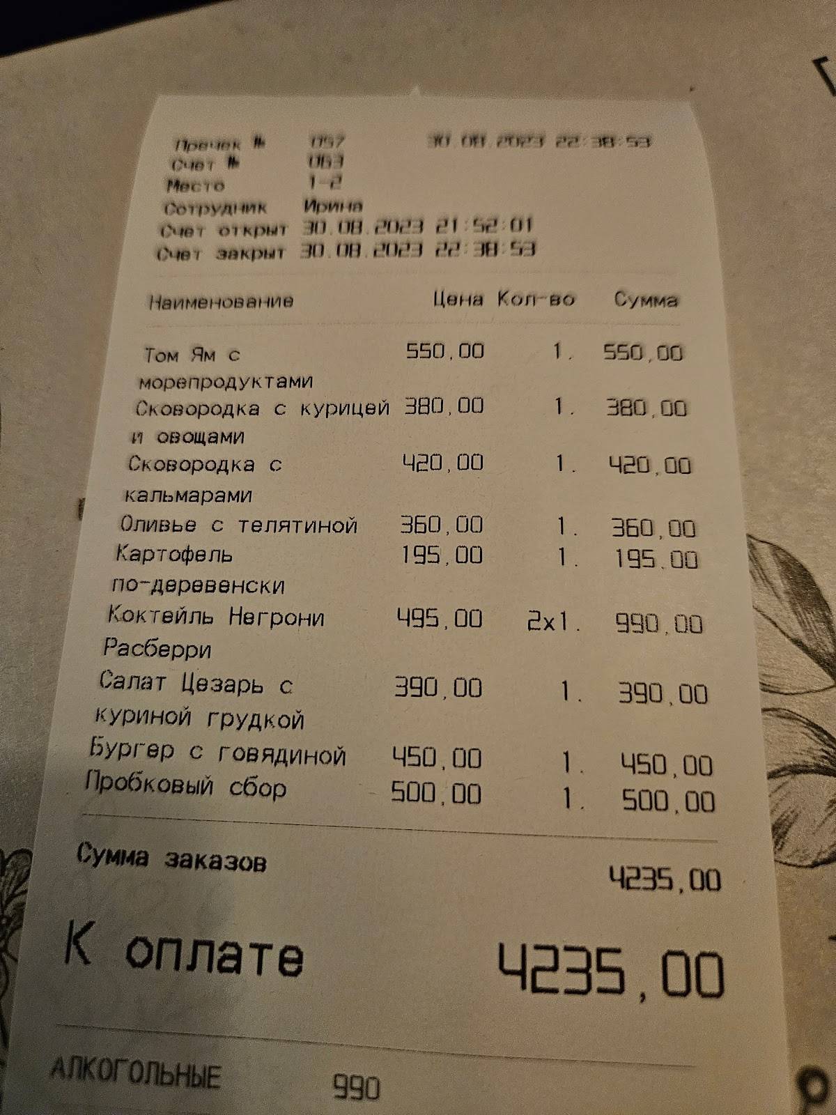Лофт кафе меню
