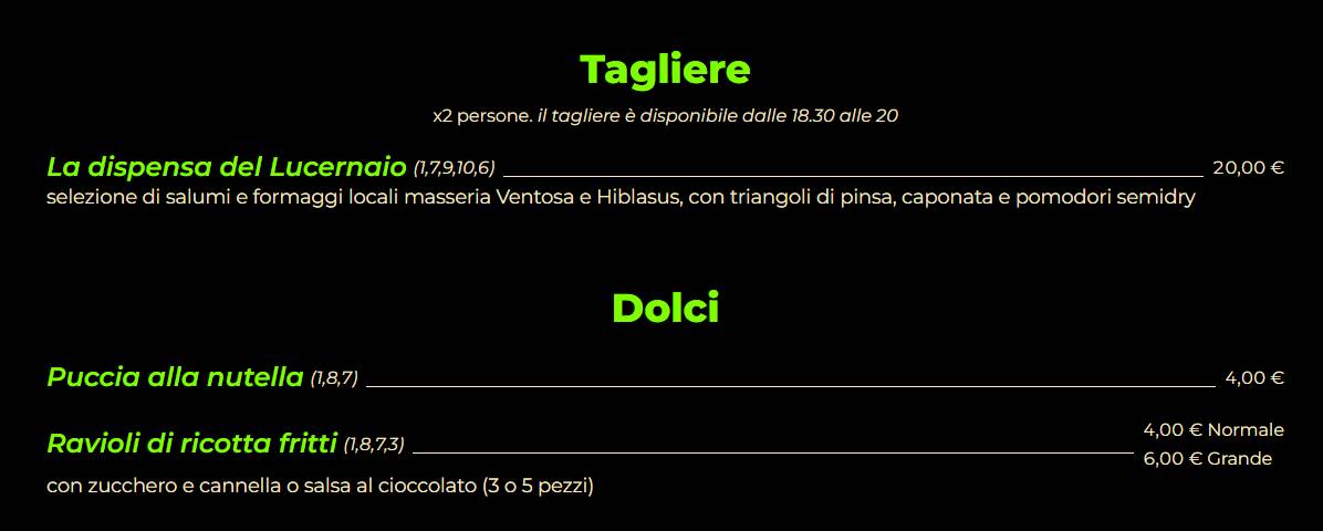 Lucernaio Pub меню