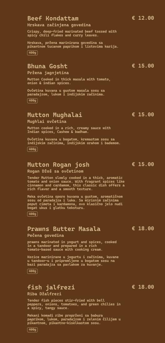 MASLACA MASALA Indian Restaurant in Montenegro. меню