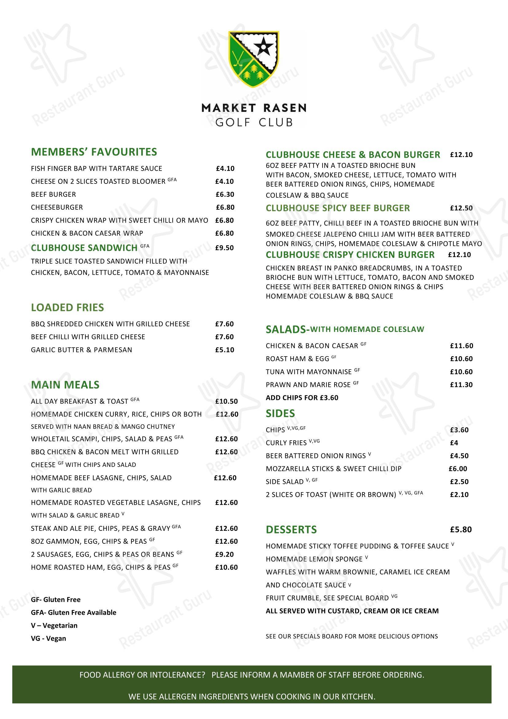 Market Rasen Golf Club в Маркете Расен - 菜单