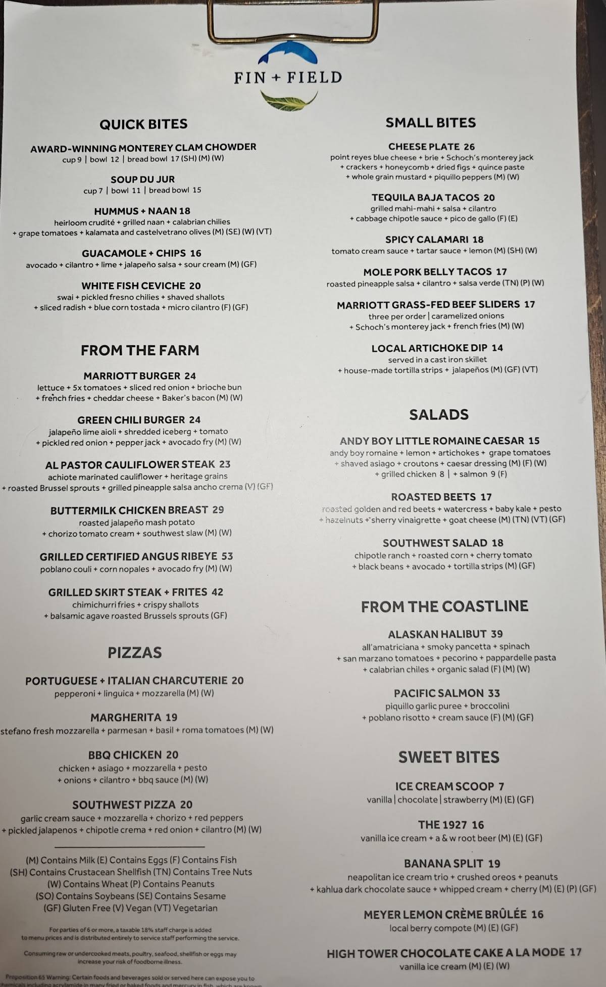 Fin + Field Restaurant and Bar меню