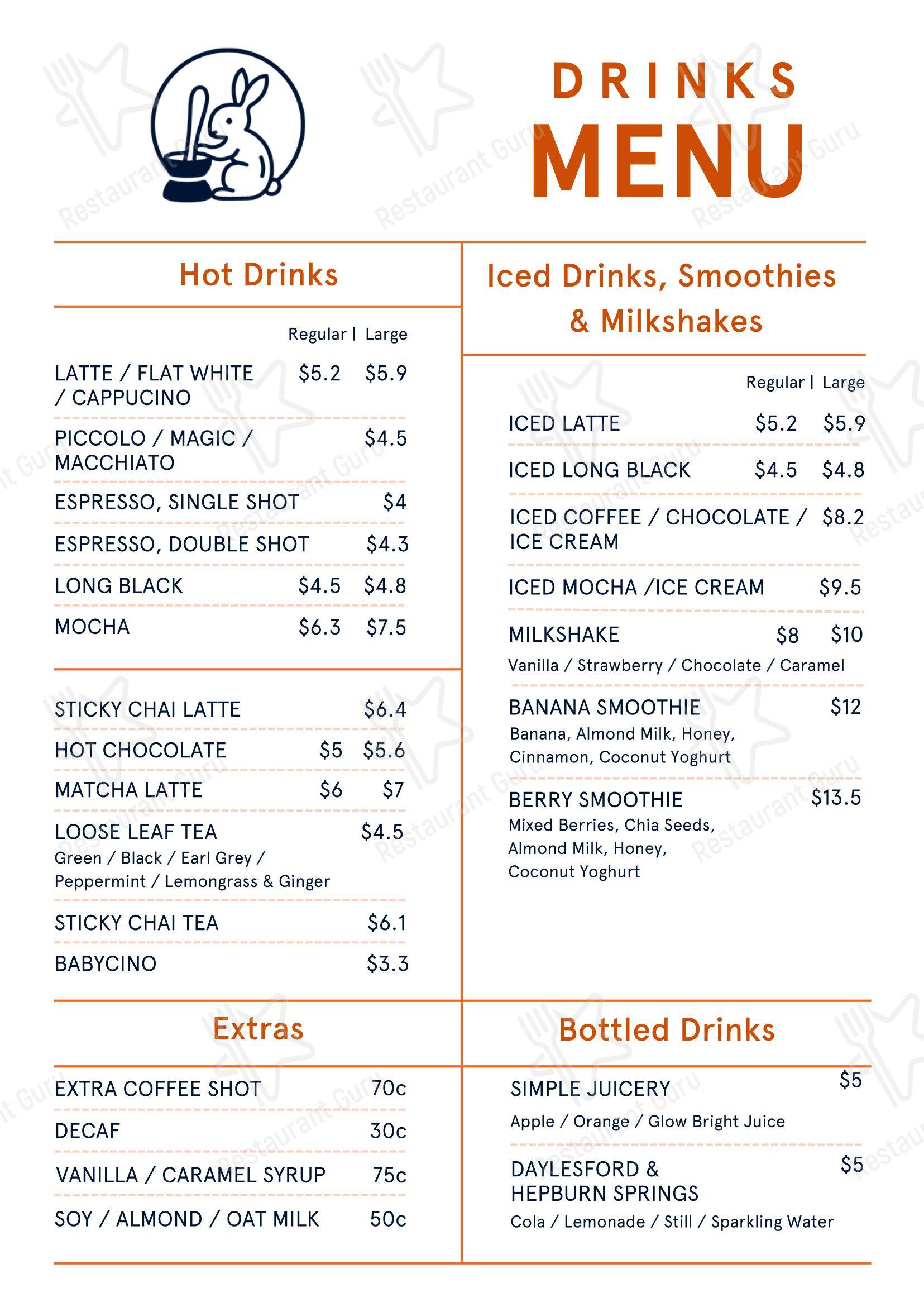 Меню напитков кафе Moon Rabbit Cafe