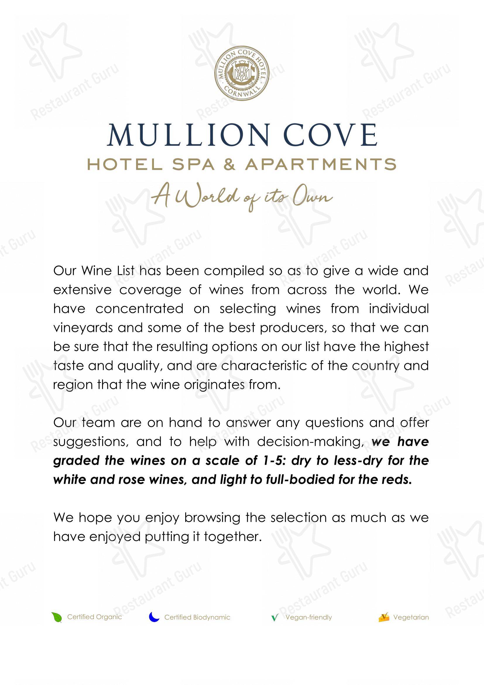 Lunch Menu ресторана Mullion Cove Hotel Cornwall
